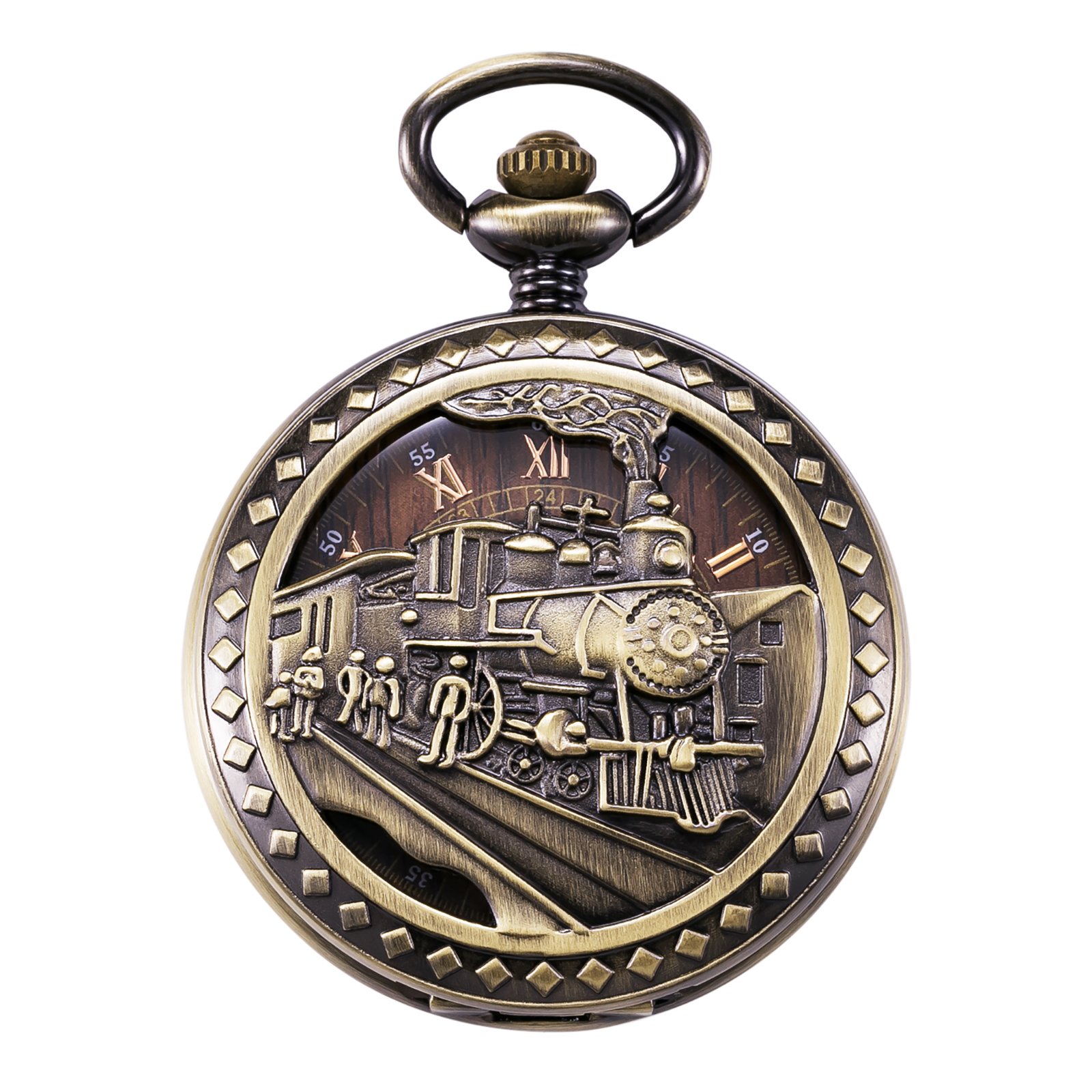 Treeweto - Antico orologio da taschino, da uomo, movimento meccanico visibile, cassa cava in bronzo, incisione effetto 3D di un treno a vapore, numeri romani