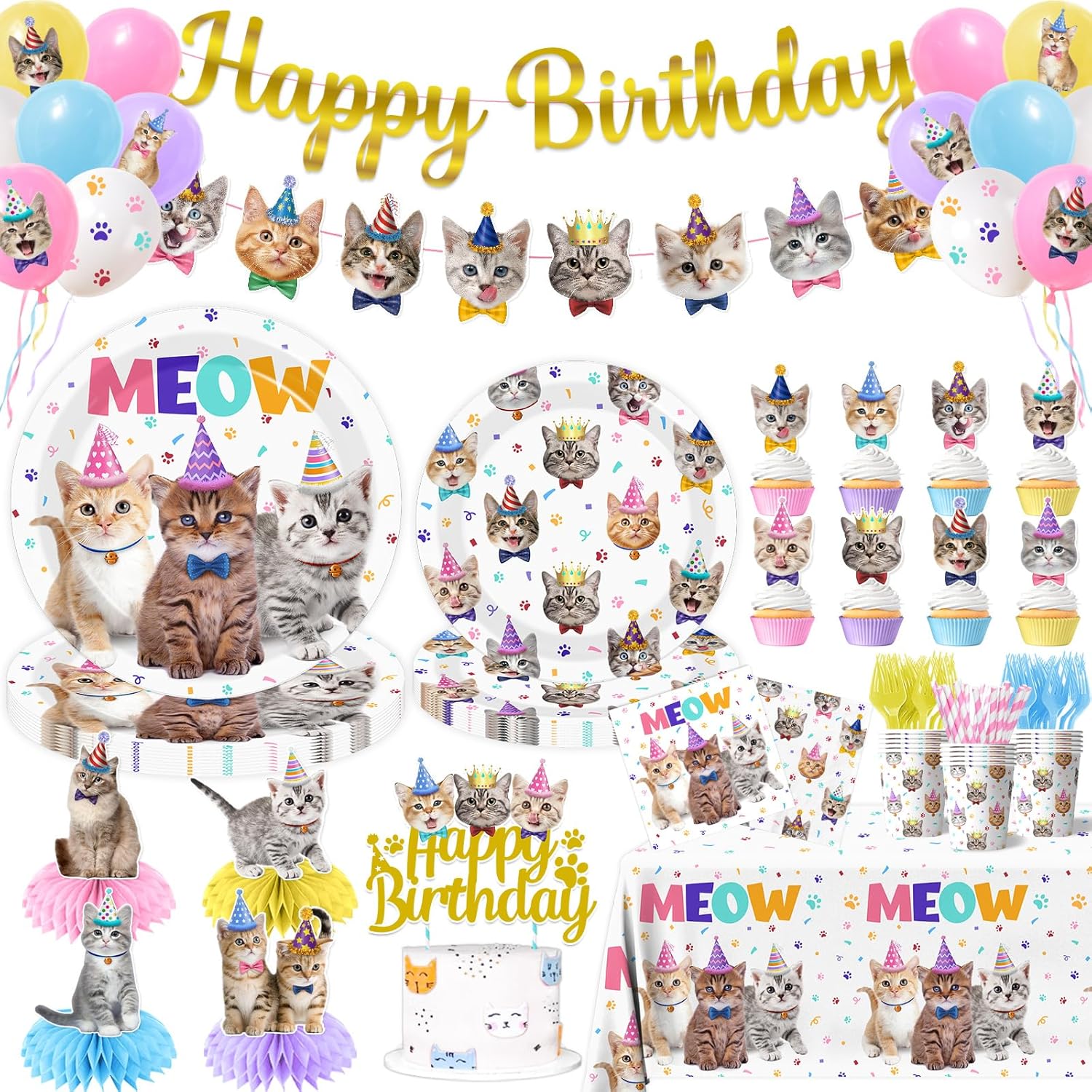 Cat Birthday Decorations,189pcs Cat Party Decorations cat Birthday Plates and Napkins Cups Tablecloth Cake Topper Hanging Swirls Centerpiece Balloon for Ca t Party Supplies