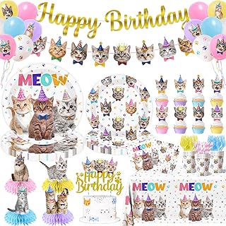 Cat Birthday Decorations,189pcs Cat Party Decorations cat Birthday Plates and Napkins Cups Tablecloth Cake Topper Hanging Swirls Centerpiece Balloon for Ca t Party Supplies