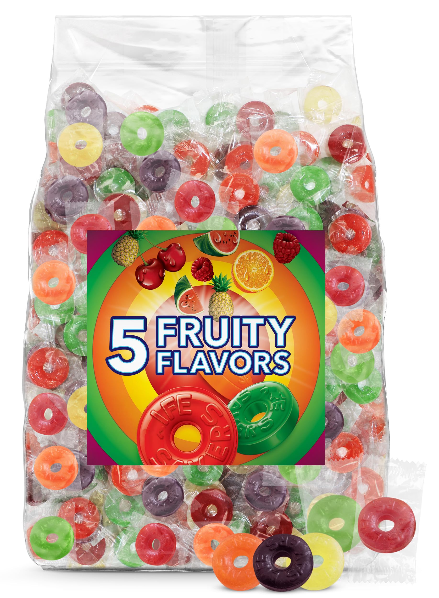 Fruit Variety Hard Candy Bulk Pack 2 lb + 2 oz - Individually Wrapped Five Flavor Ring-Shaped Hard Candy for Parties, Events & Office Treats