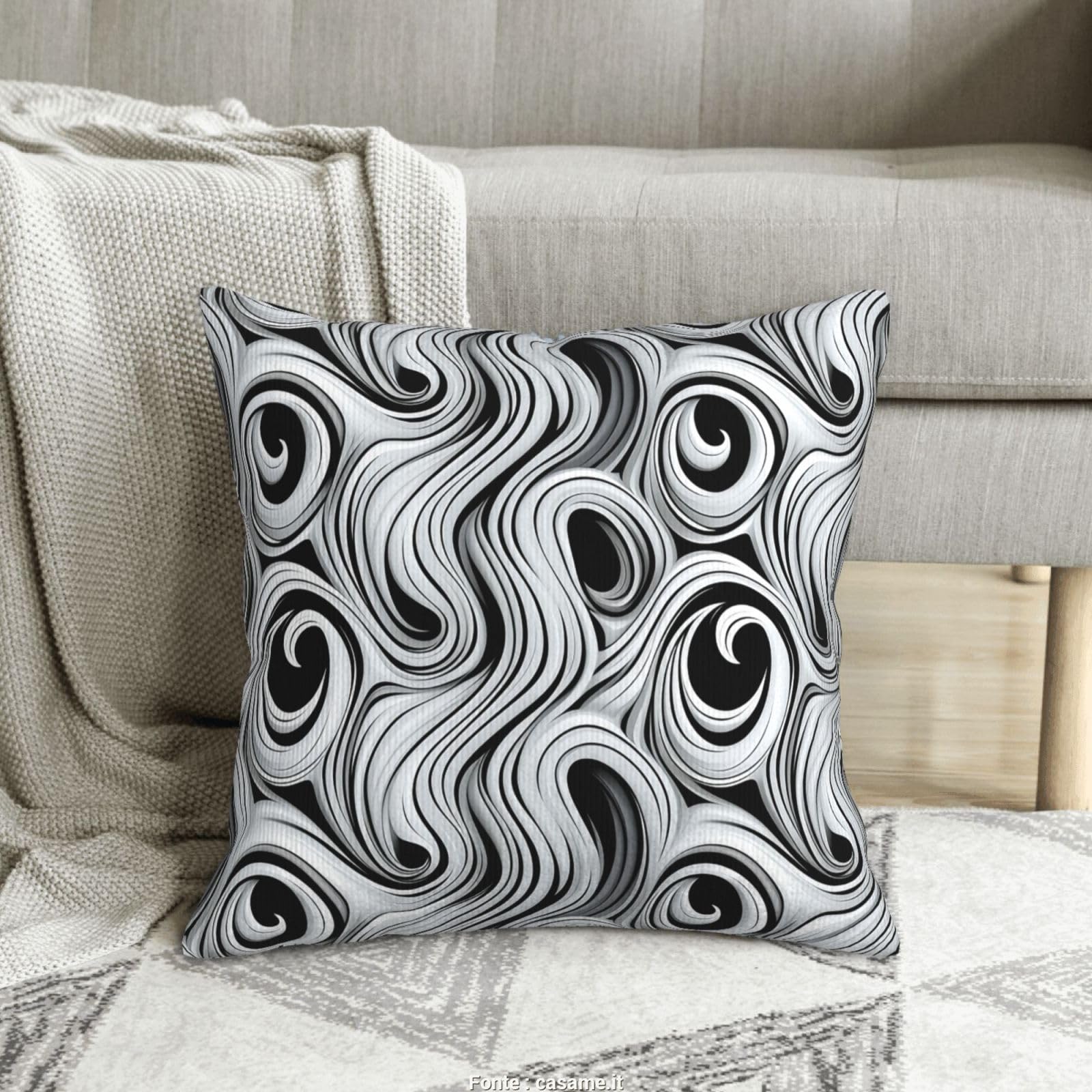 Housse de coussin design tourbillon noir et blanc en velours côtelé