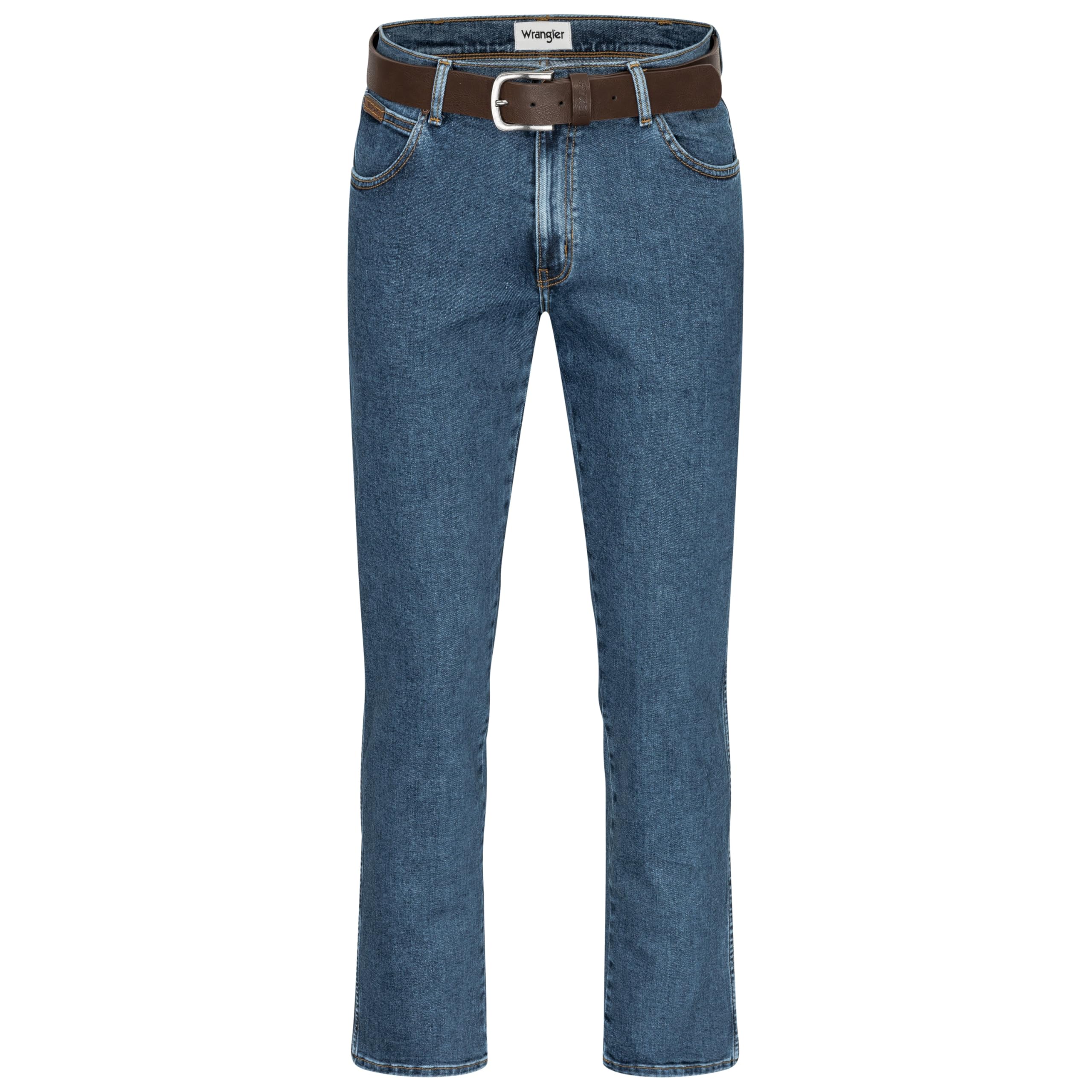 Wrangler Texas Herren-Stretchjeans Regular Fit Authentic Straight in verschiedenen Waschungen mit Gürtel in schwarz oder braun