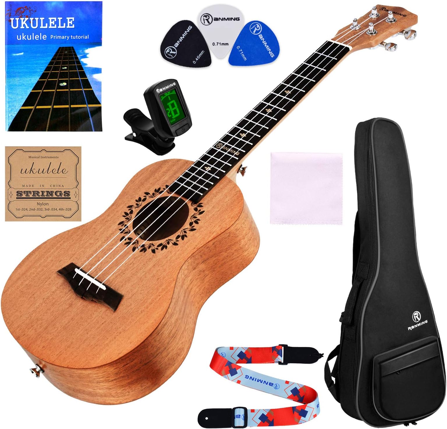 RANMING Tenor Ukulele 26" Ukeleles for Adults Beginner Starter Bundle Kit With Ukele Gig Bag Strap Tuner Nylon String Picks Cloth and Ukulele Manual Mahogany Ukalalee Yukalalee