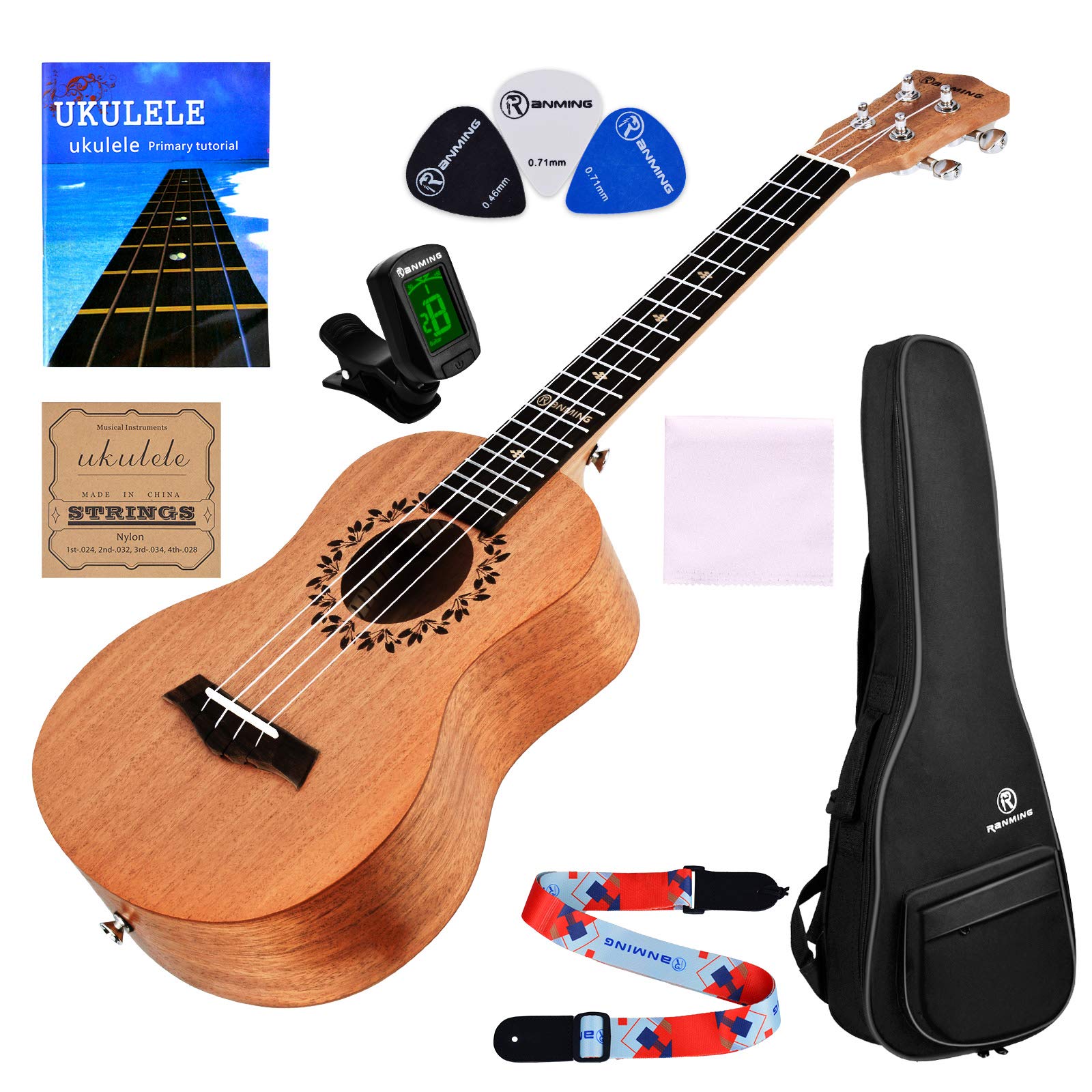 RANMING Tenor Ukulele 26" Ukeleles for Adults Beginner Starter Bundle Kit With Ukele Gig Bag Strap Tuner Nylon String Picks Cloth and Ukulele Manual Mahogany Ukalalee Yukalalee