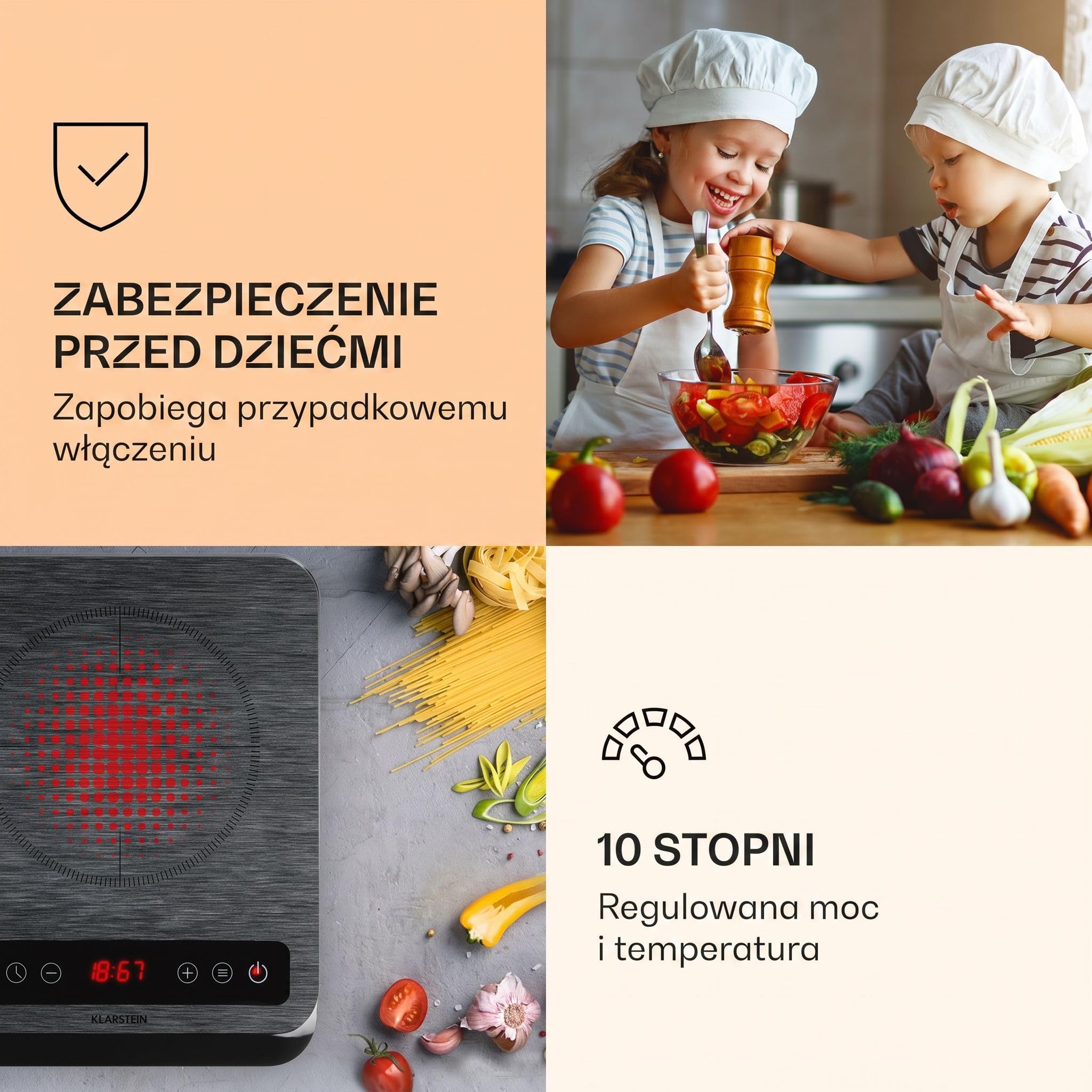 Klarstein InnoChef - Podwójna płyta indukcyjna, 3400 W, Sterowanie dotykowe, Czujnik garnka, Timer wyłączania, 10 stopni, Zabezpieczenie przed przegrzaniem, Szkło ceramiczne, czarno-szara melanż