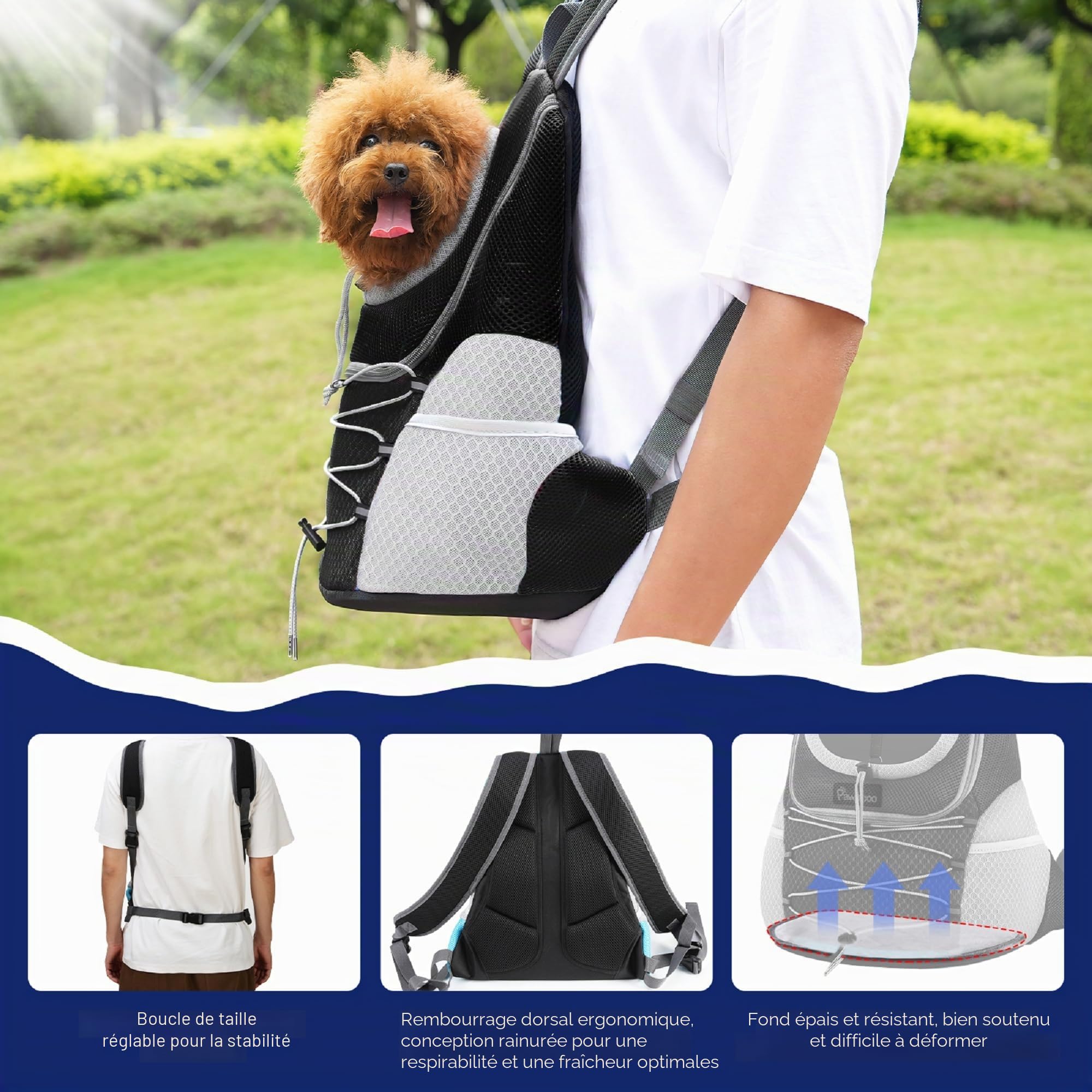 Pawaboo Sac à Dos Réglable pour Chiens, Sac à Voyage pour Animal de Compagnie en Polyester Respirant, Sac de Transport pour Chien Chat avec Ceinture de Sécurité pour Randonnée Extérieur, M/Noir + Gris