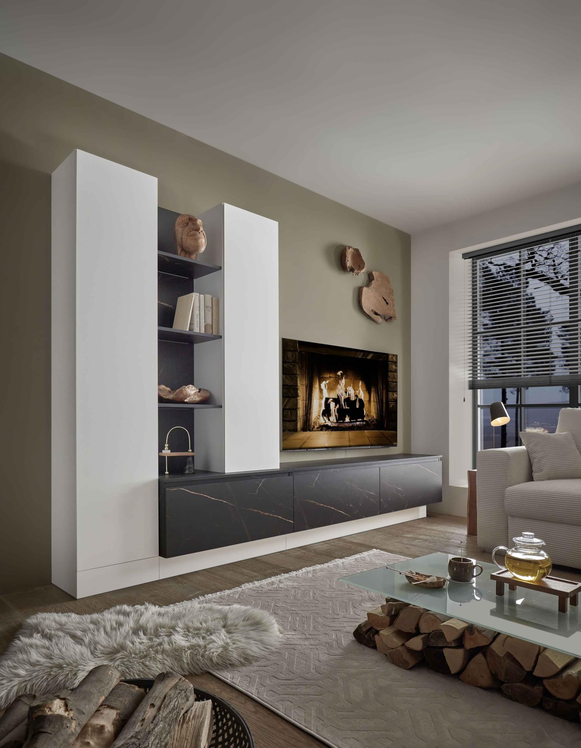 AVANTI TRENDSTORE - Wiara Parete attrezzata Bianco/Effetto Ceramica con 2 ante battenti, 3 ante a ribalta.