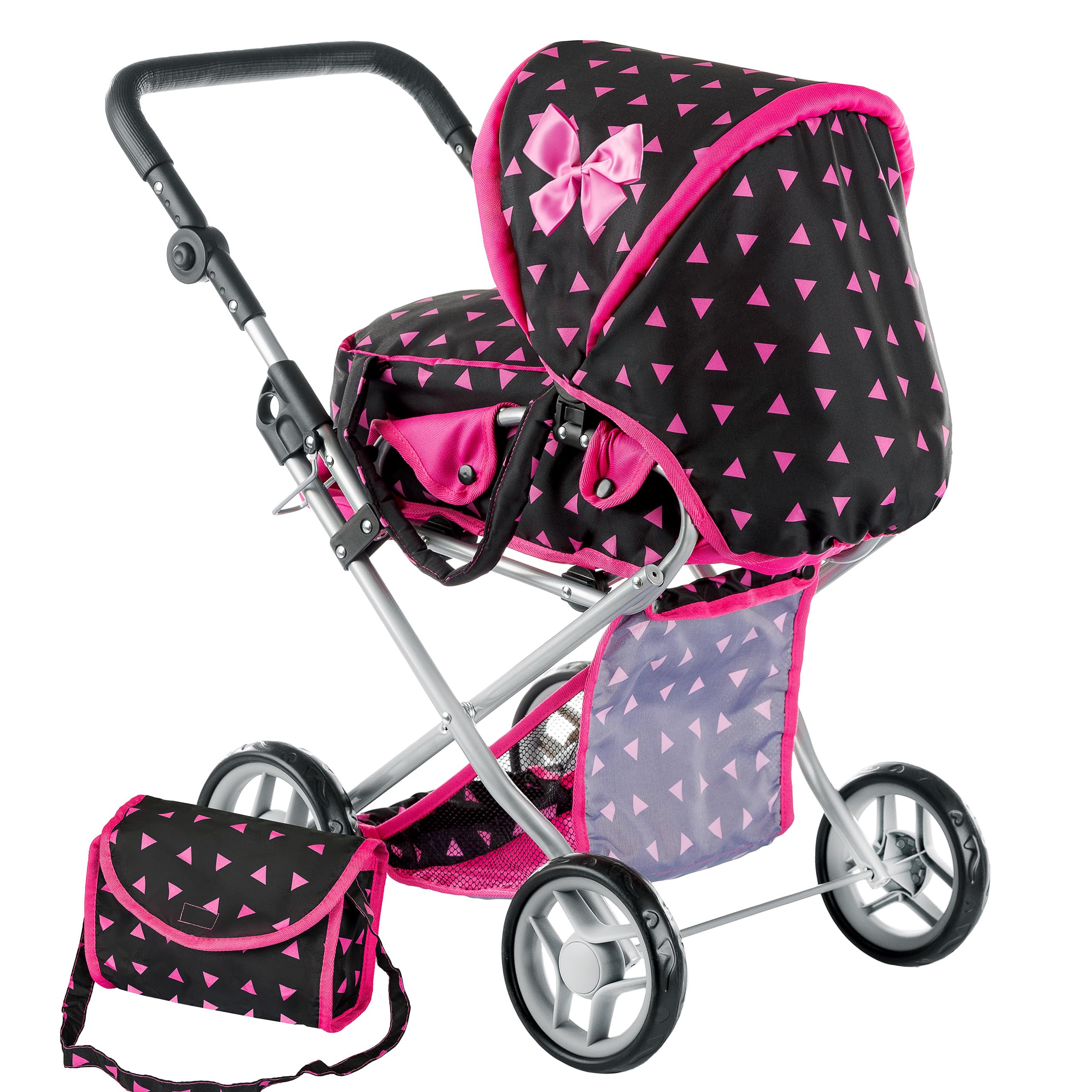 Kinderplay Puppenwagen ab 1 2 3 Jahre Kinderwagen Spielzeug - 3 in 1, Puppenwagen mit Herausnehmbarer Tragetasche und Umhängetasche, Höhenverstellbar 36.5 cm bis 64 cm, KP0200R