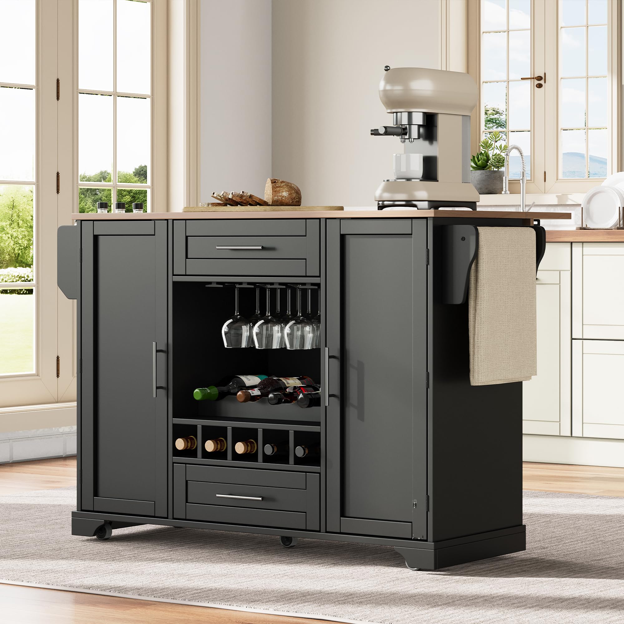 Shye Carrello da cucina su ruote con piano di lavoro pieghevole, scaffale per vino, porta bicchieri, portaspezie e portasciugamani, 120 x 45/70 x 92 cm, nero e naturale, carrello da portata