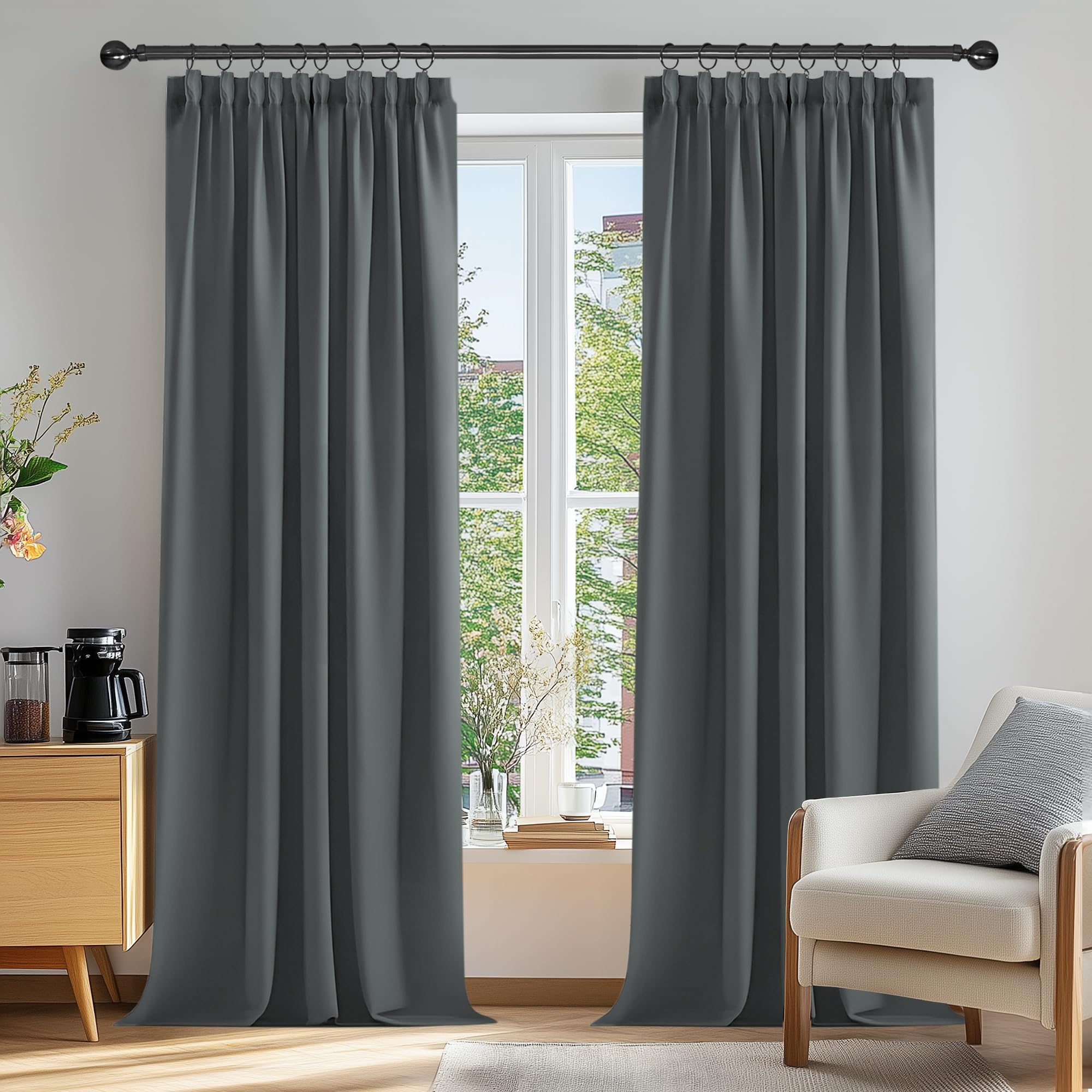 Deconovo Cortinas Opacas Térmicas para Dormitorio y Salón, 2 Piezas 140x260 cm, Cortinas Modernas con Cinta Fruncidora, Aislantes de Frío y Calor, Gris Oscuro, Oeko-Tex Standard 100
