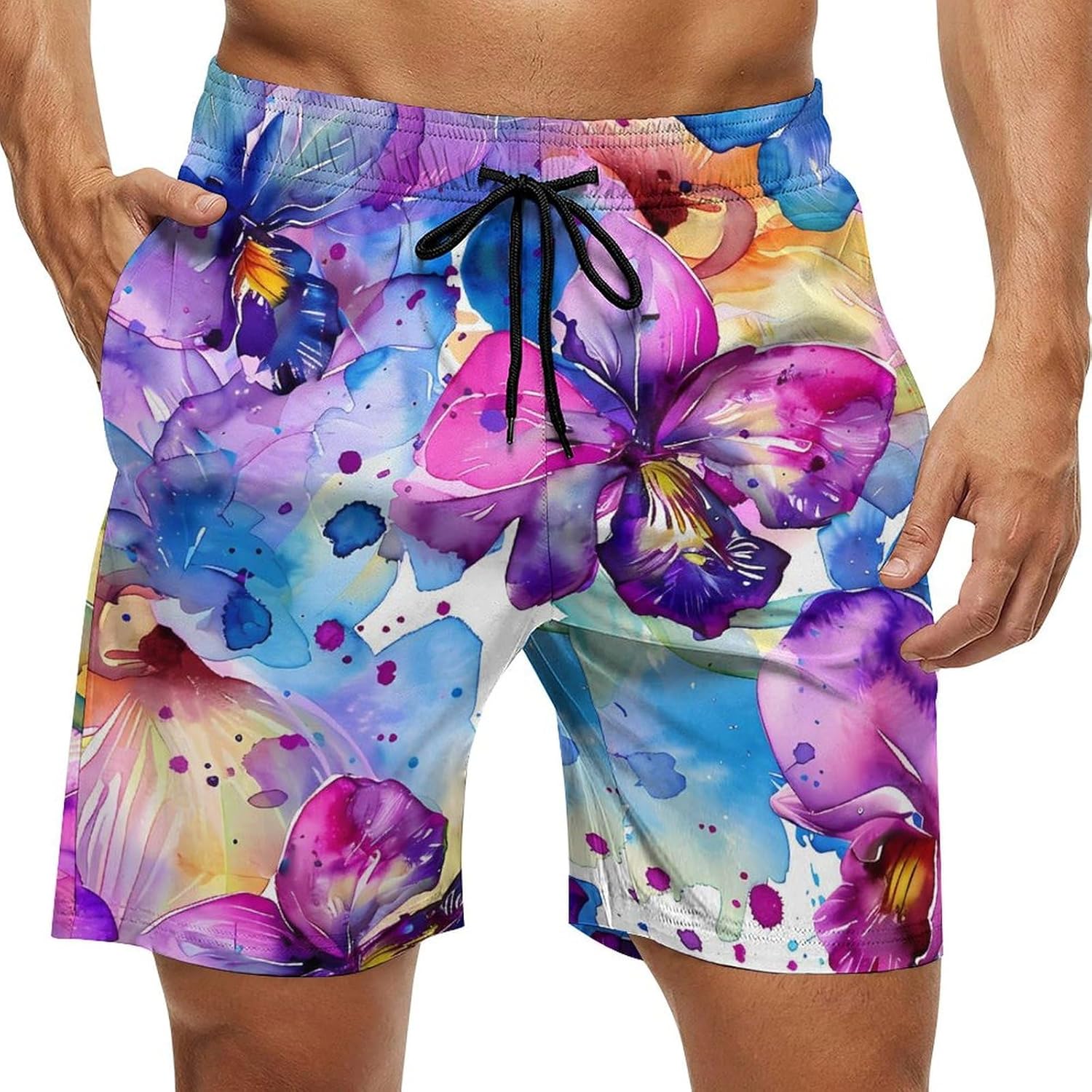 Watercolor Orchid Floral Casual Men's Swim Trunks Novelty Summer Beach Shorts Swimwear with Pocket