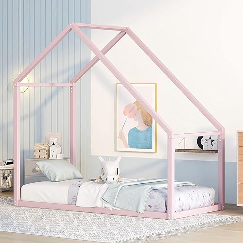 Rhomtree Metal Tent Bed House Bed Frame with Roof Twin Size Solid Sturdy Metal Loft Bed Nursery Furniture Tent Bed with Versatile Design Play Tent