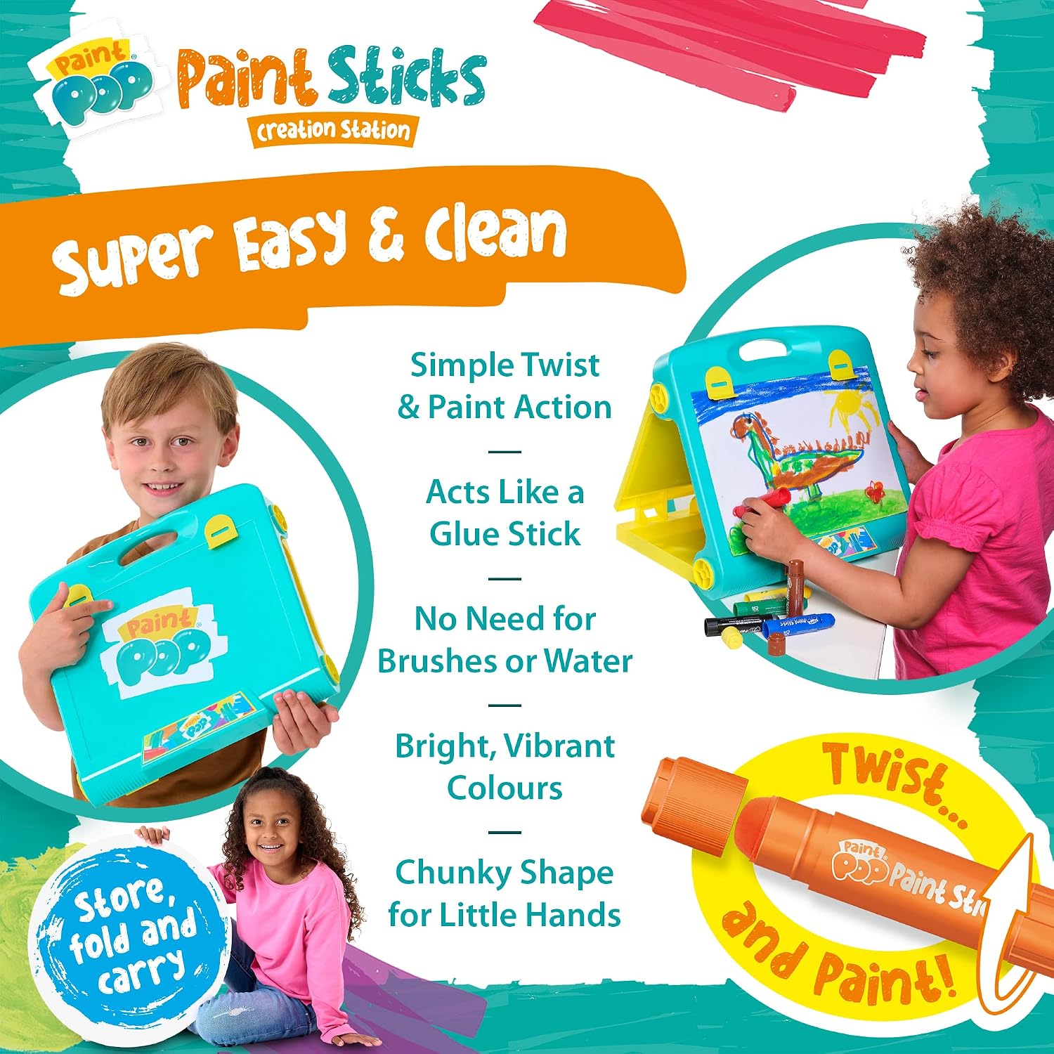 Paint Pop - Creation Station Portable Table Top Easel for Kids - Foldable for Storage, Double Sided with Wipeable Whiteboard - Includes 6 Paint Sticks, Duster and Paper Clips