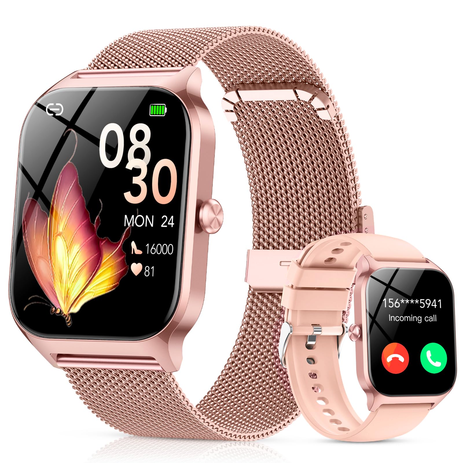 Smartwatch Donna,1.85"Orologio Smartwatch Chiamate Bluetoot 2 Cinturini | 120+ Sportive con Contapassi/Sonno/Spo2/Stress/Cardiofrequenzimetro, Notifiche Whatsapp, IP68 Smart Watch per iOS Android
