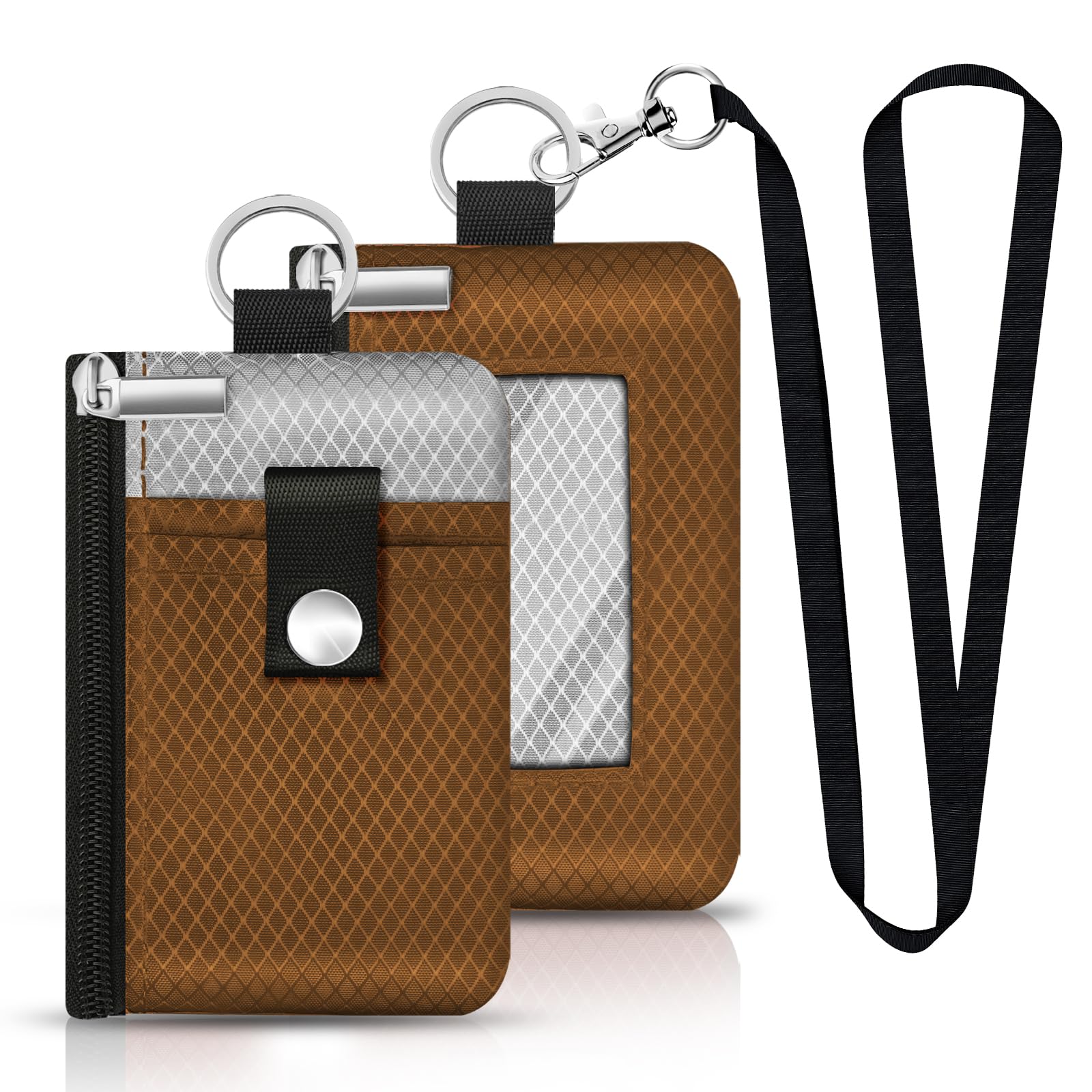 Minimalist RFID Blocking Small Wallet with ID Window,WaterResistant Zip Id Case Wallet with Lanyard Keychain for Cards,Cash,Travel,Women,Men (Brown/Light Grey)