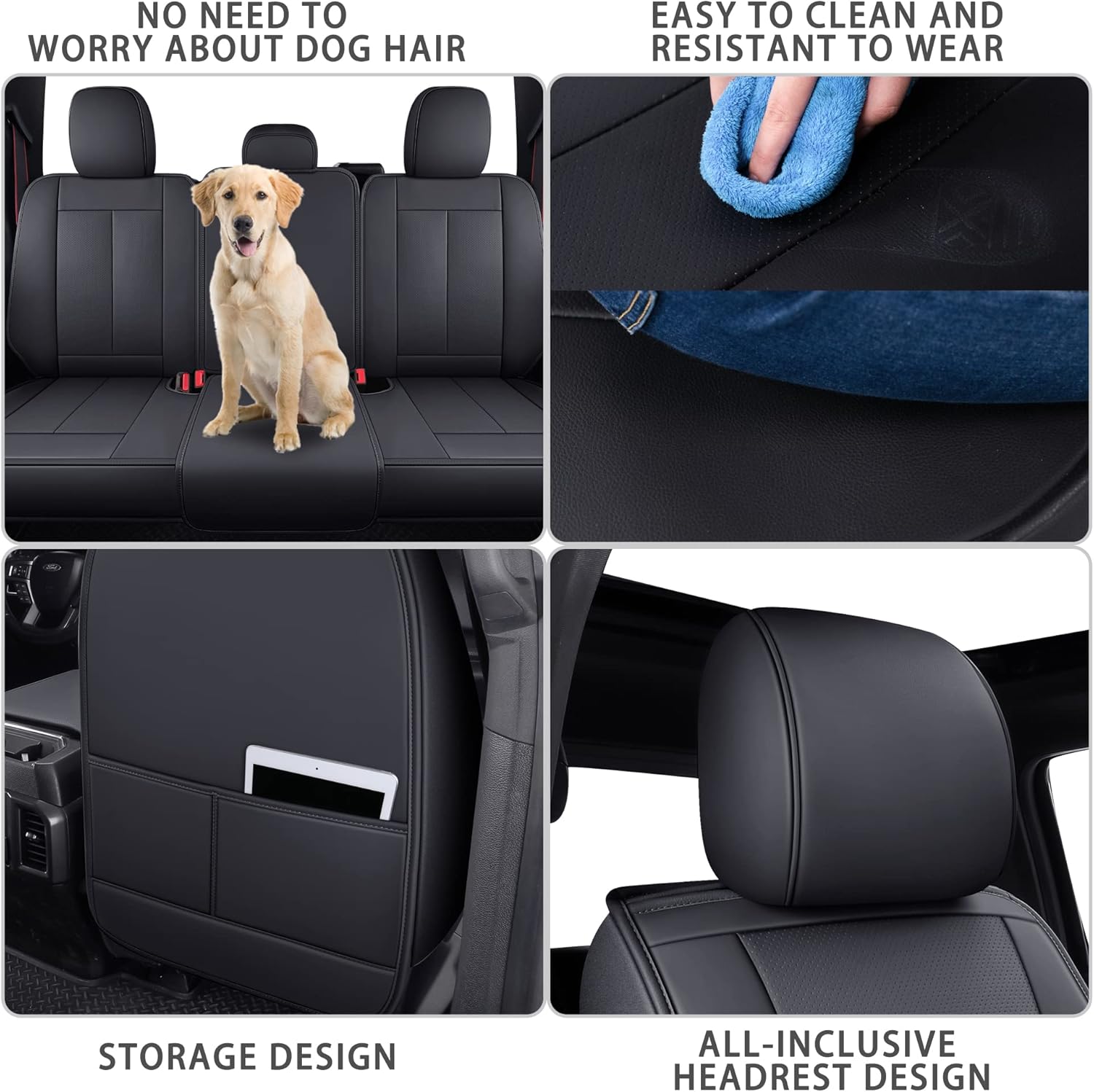 TOMIC Car Seat Covers Complete Set with Waterproof Leather Automotive Vehicle Cushion Cover for Pickup Truck Fit for 2015 to 2024 Ford F150 Carhartt and 2017 to 2024 F250 F350 F450 (Black)