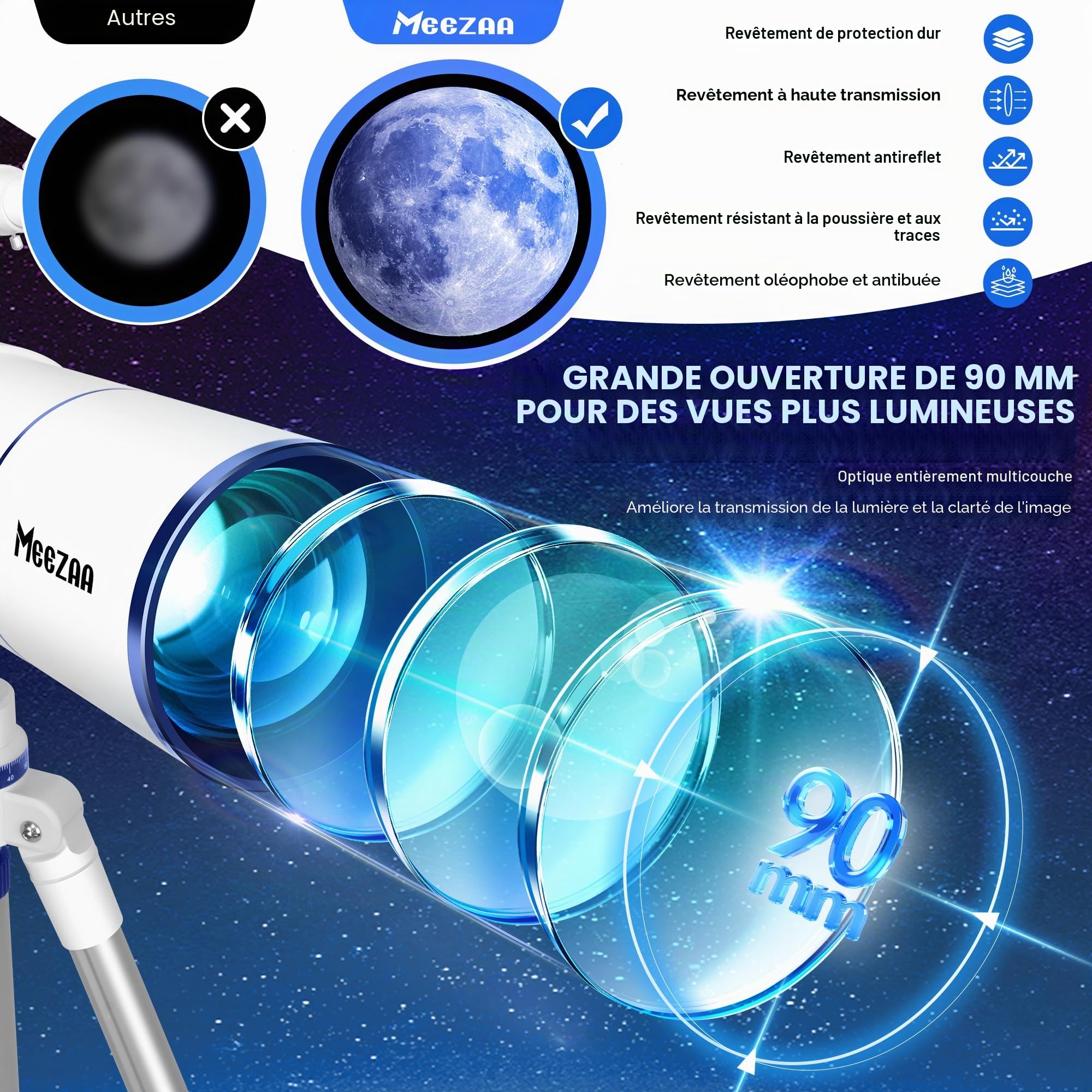 MEEZAA Télescope, Télescope Astronomie Professionnel pour Adultes, 90mm Ouverture 550mm Télescope Réfracteur Astronomique pour Enfants et Débutants, Télescope de Voyage Portable avec Trépied, Filtre