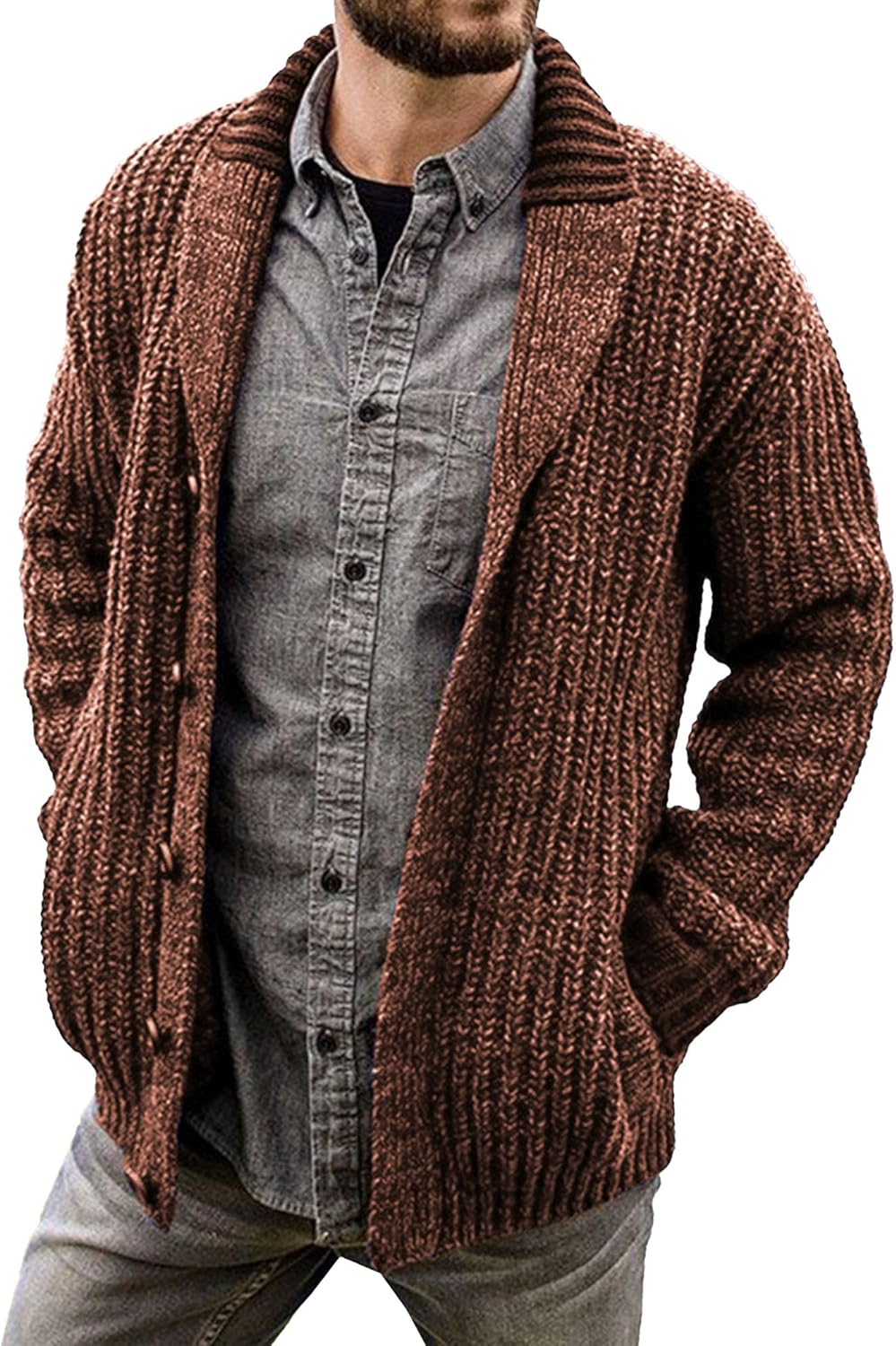 Mens Shawl Collar Cardigan Sweaters Long Sleeve Button Down Knitted Sweater Solid Color Casual Knitwear with Pocket