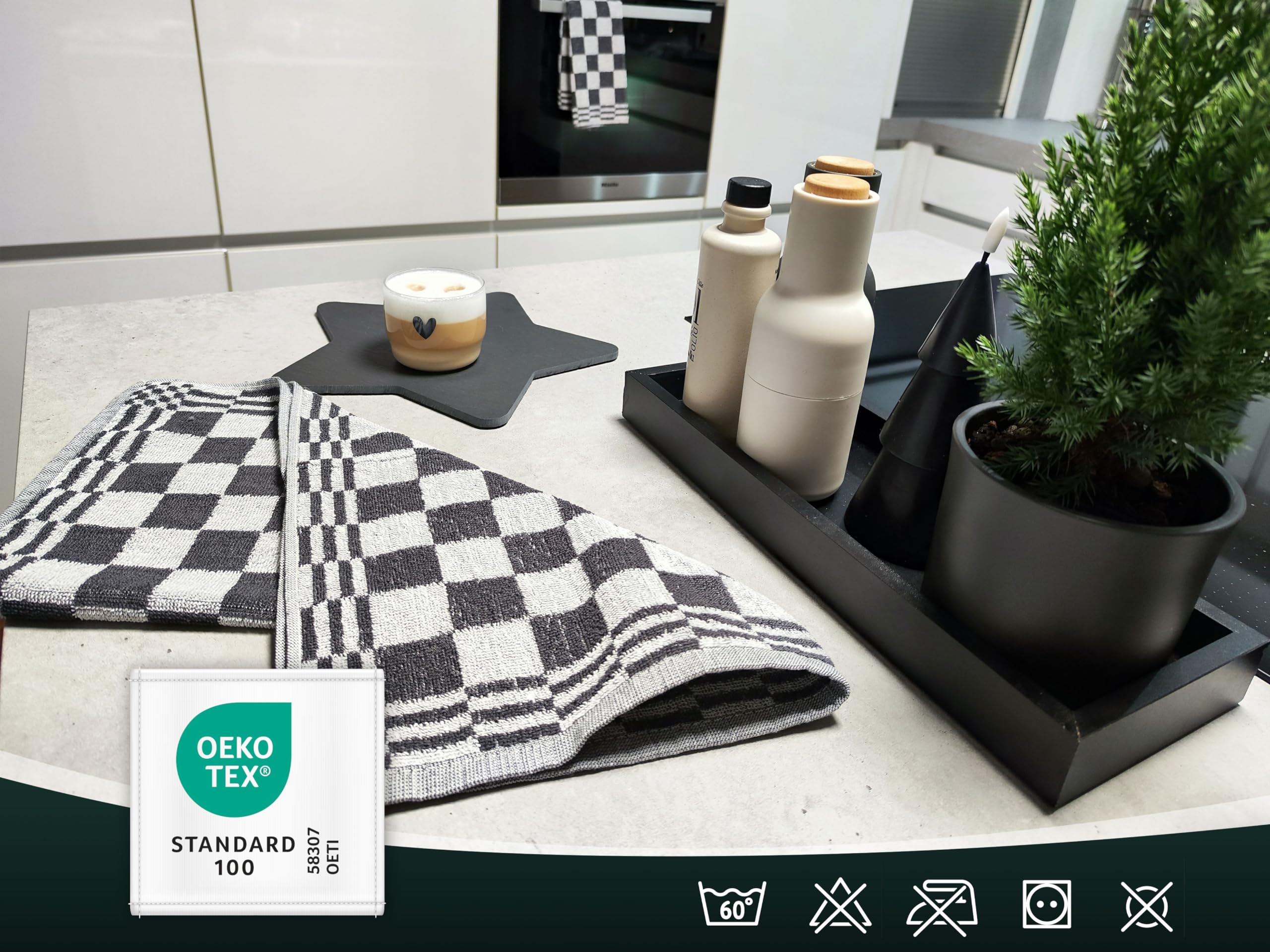 ZOLLNER 4 strofinacci in cotone 50x50 cm - canovacci assorbenti e resistenti - lavabili a 60°C - a quadretti grigi e bianchi - qualità gastronomica - certificato OEKO TEX (R)