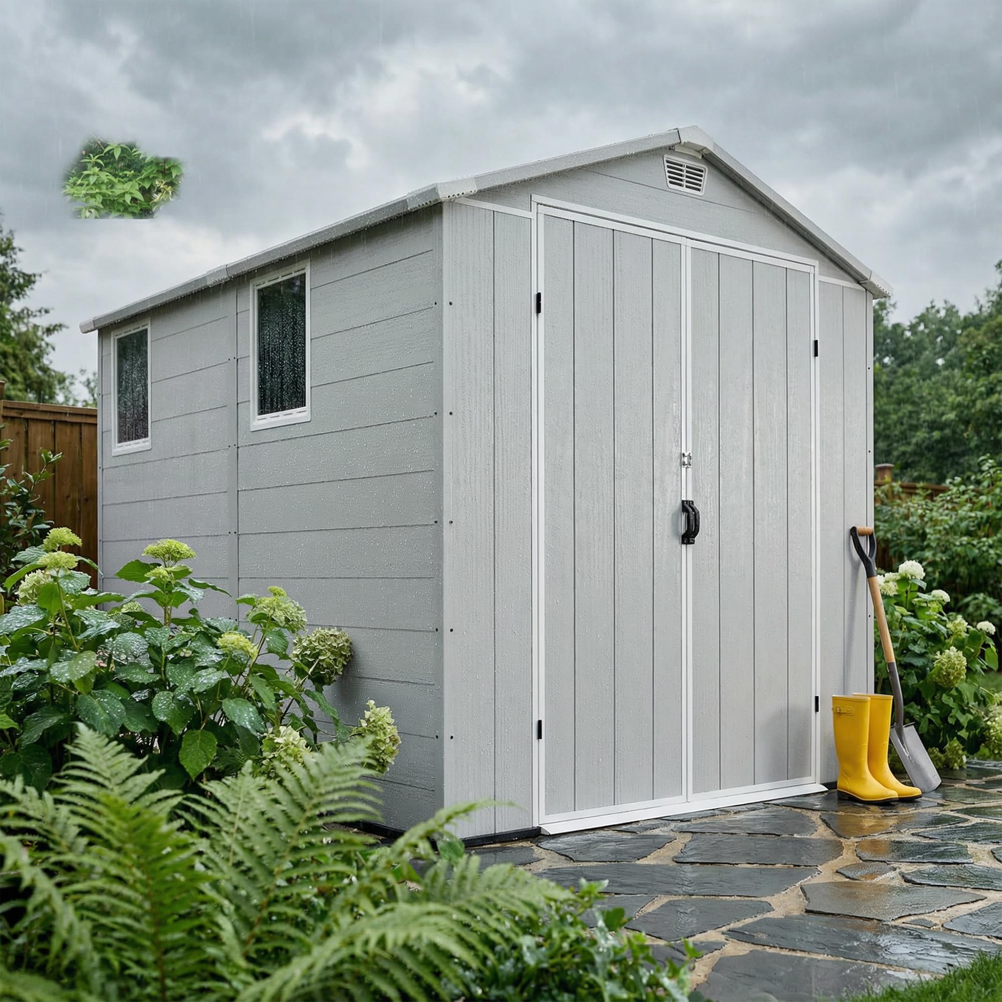 JUMMICO 6x8 XXL Gartenhaus, 9,4m³ Kunststoff-Geräteschuppen mit Boden, 185x240x210 cm, Wetterfest & Frostsicher, Ideal für Fahrräder, Rasenmäher, Gartengeräte, Hellgrau