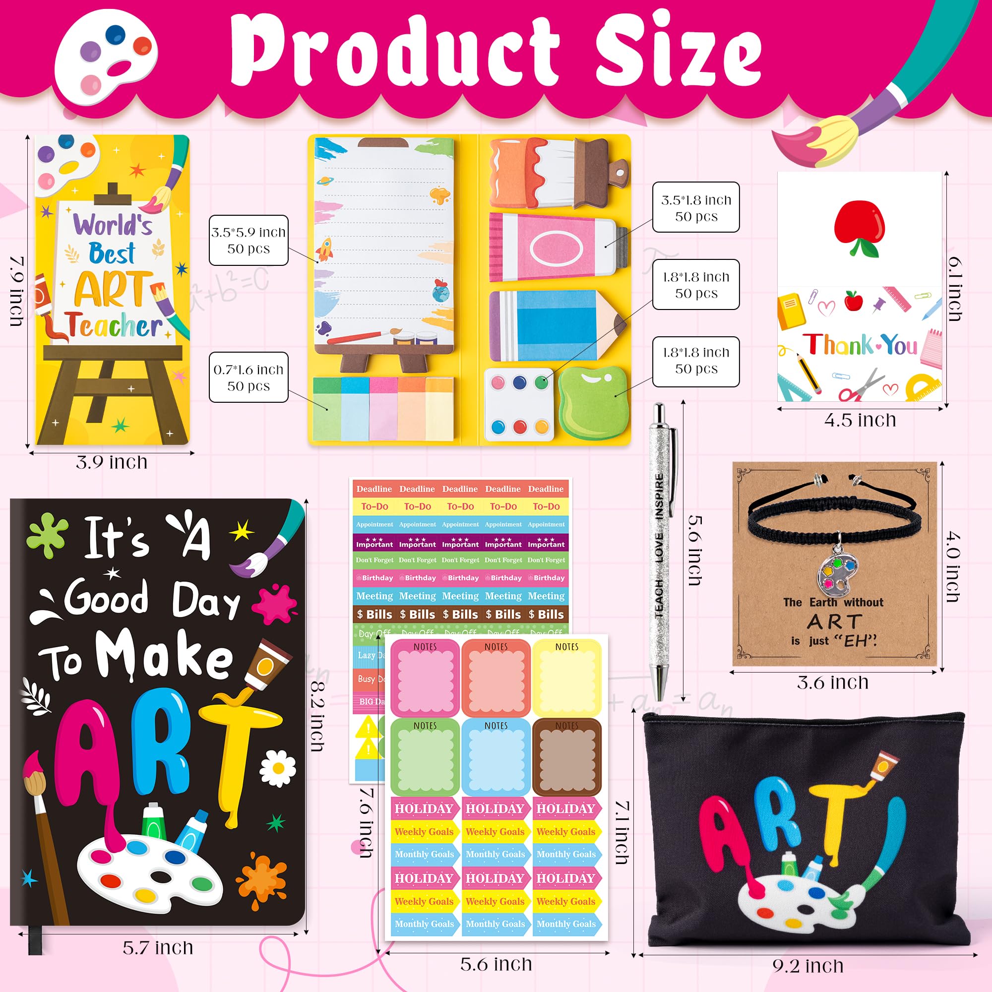 B1ykin Teacher Appreciation Gifts Set - 6pcs Best Teacher Ever Thank You Gifts with PU Notebook, Sticky Notes, Makeup Bag, Bracelet, Pen, Thank You Card for Coworkers Teachers (Art)