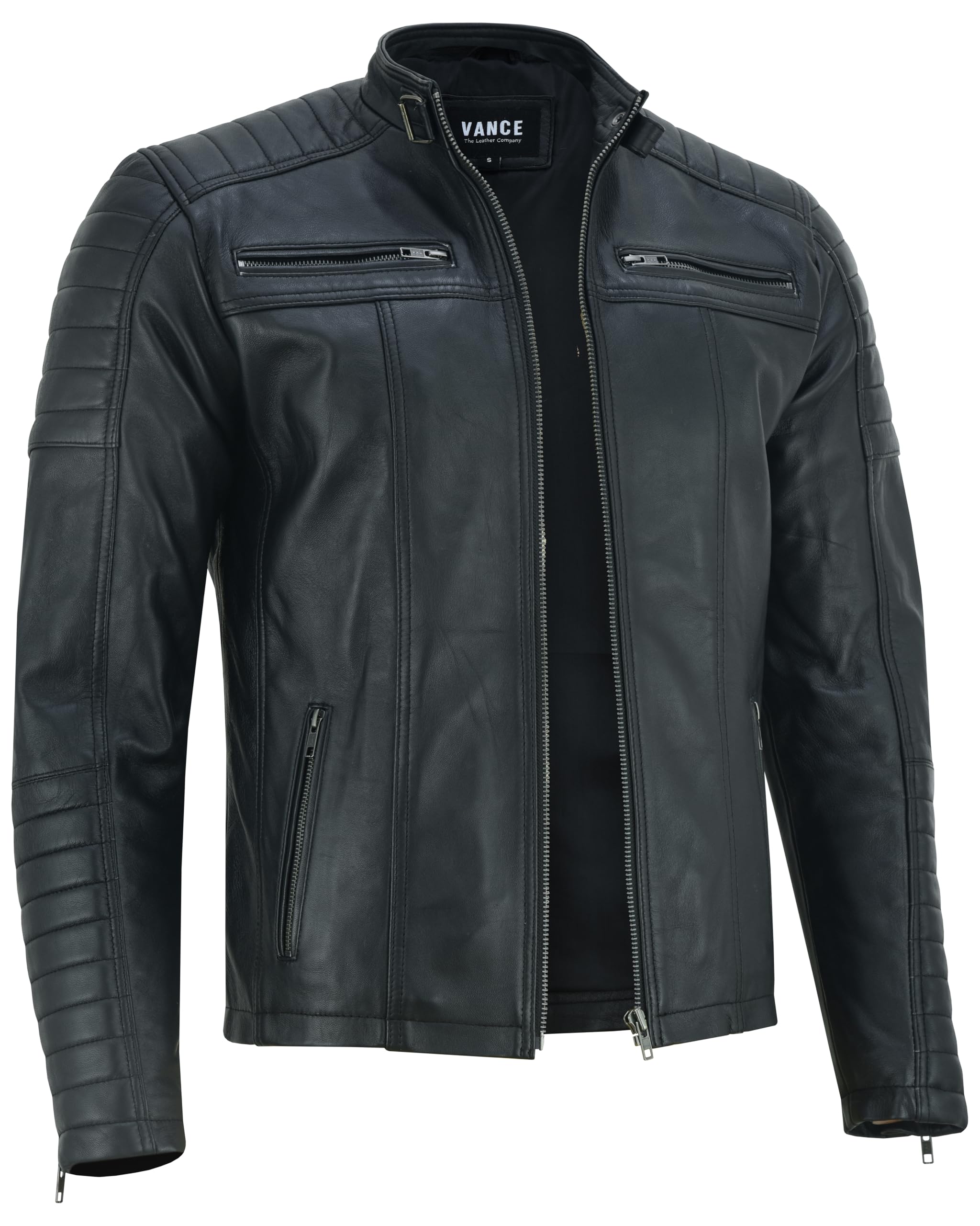 Vance The Leather Company Herren Echtleder Bikerjacke aus 100% Lammleder