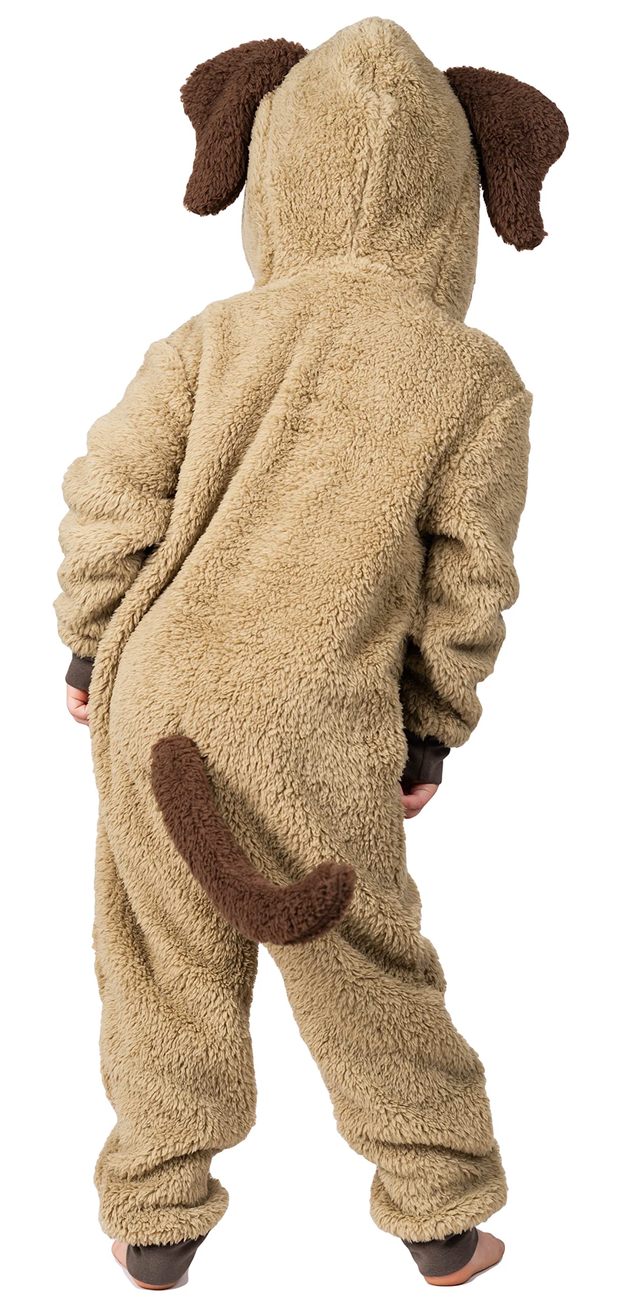 Hunde-Einteiler für Jungen oder Mädchen aus weichem Fleece mit Schwanz in Kindergrößen 2-13 Jahre in Schwarz, Weiß oder Beige