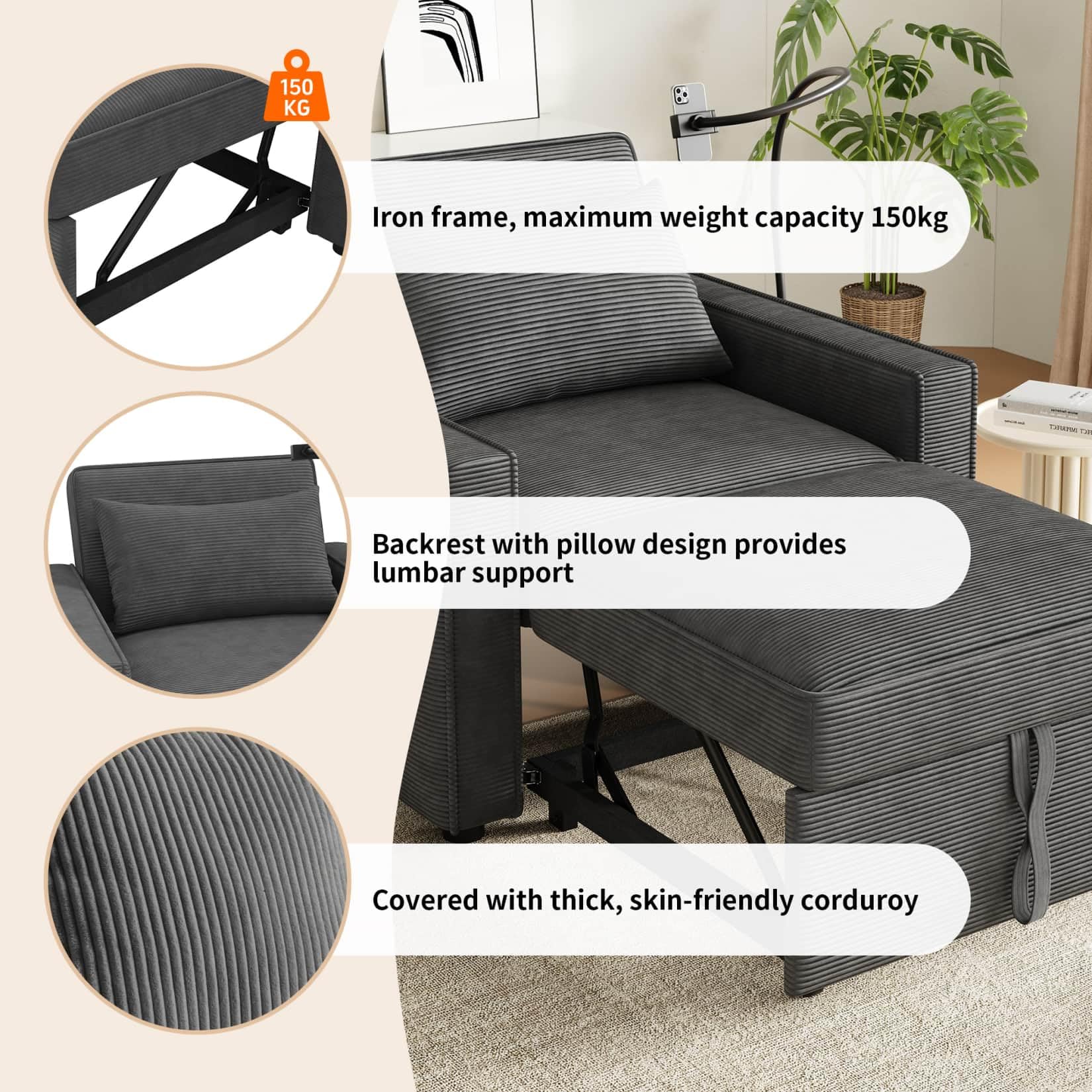 Canapé 1 Place Convertible avec Table d'appoint,Fauteuil Relax,Petit Canapé Lit Pliable,Chaise Longue,avec Port USB et Support pour Téléphone Portable (Gris-Velours côtelé-1)