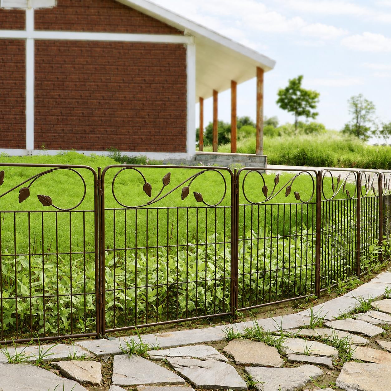 16 Panels Dog Fence Rack Decorative Garden Fence, Metal, Leaf Design, Rust Resistant, Lawn Edging for Flower Beds, Pathways and Yard (Brown)-image-29