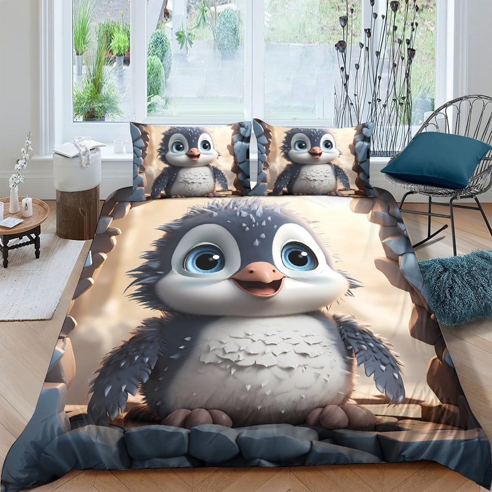 Ctjqhvkz Style-1 3D Printed Cute Penguin Fitted Sheet Microfiber Soft Breathable Winter Snow Mattress Cover Bedroom Decor Single（135X200cm）