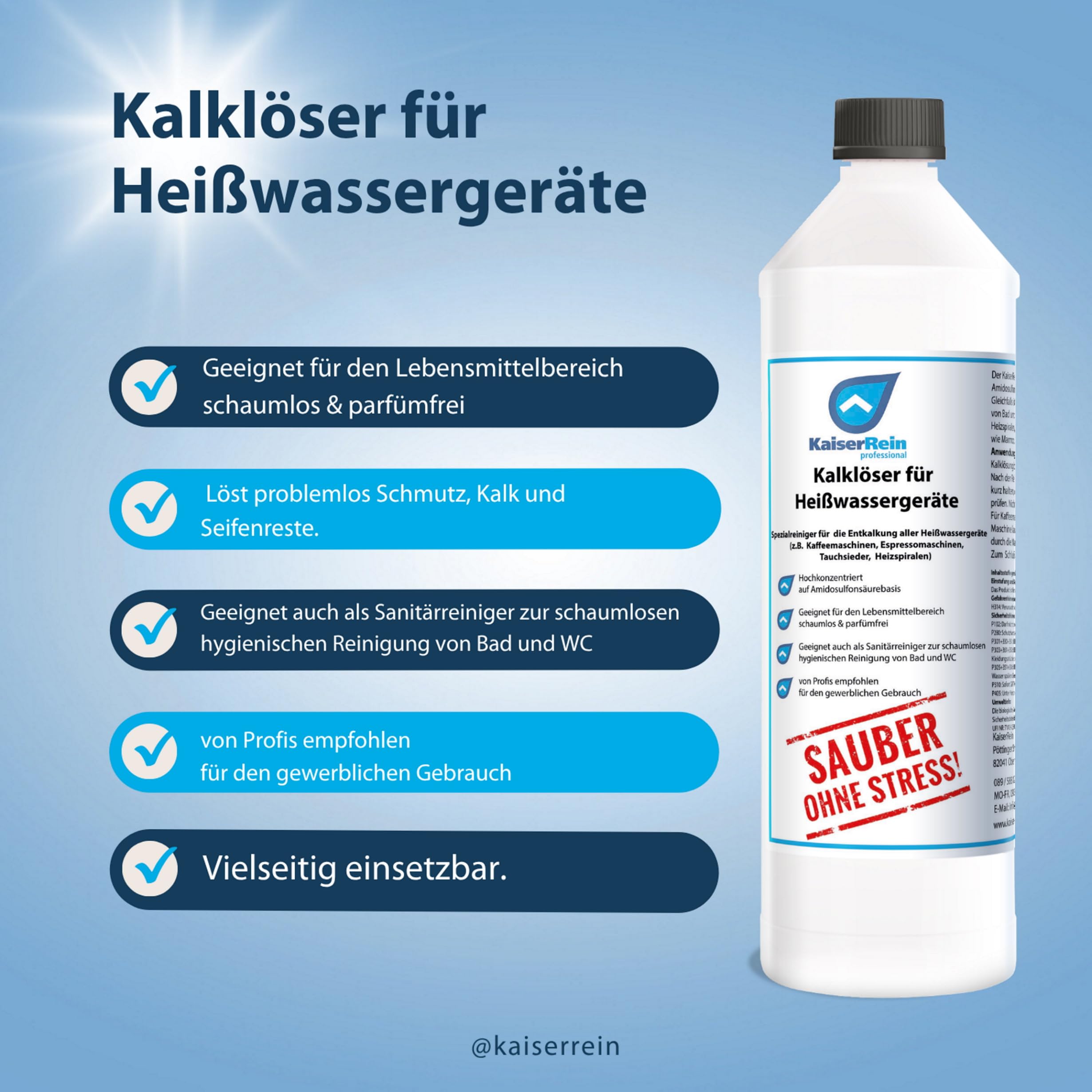 KaiserRein Profi Kalklöser Entkalker flüssig 12 L Kanister zur Entkalkung von Heißwassergeräten wie z.B. Kaffeemaschine Wasserkocher Oberflächen z.B. Fliesen optimal für die Gastronomie