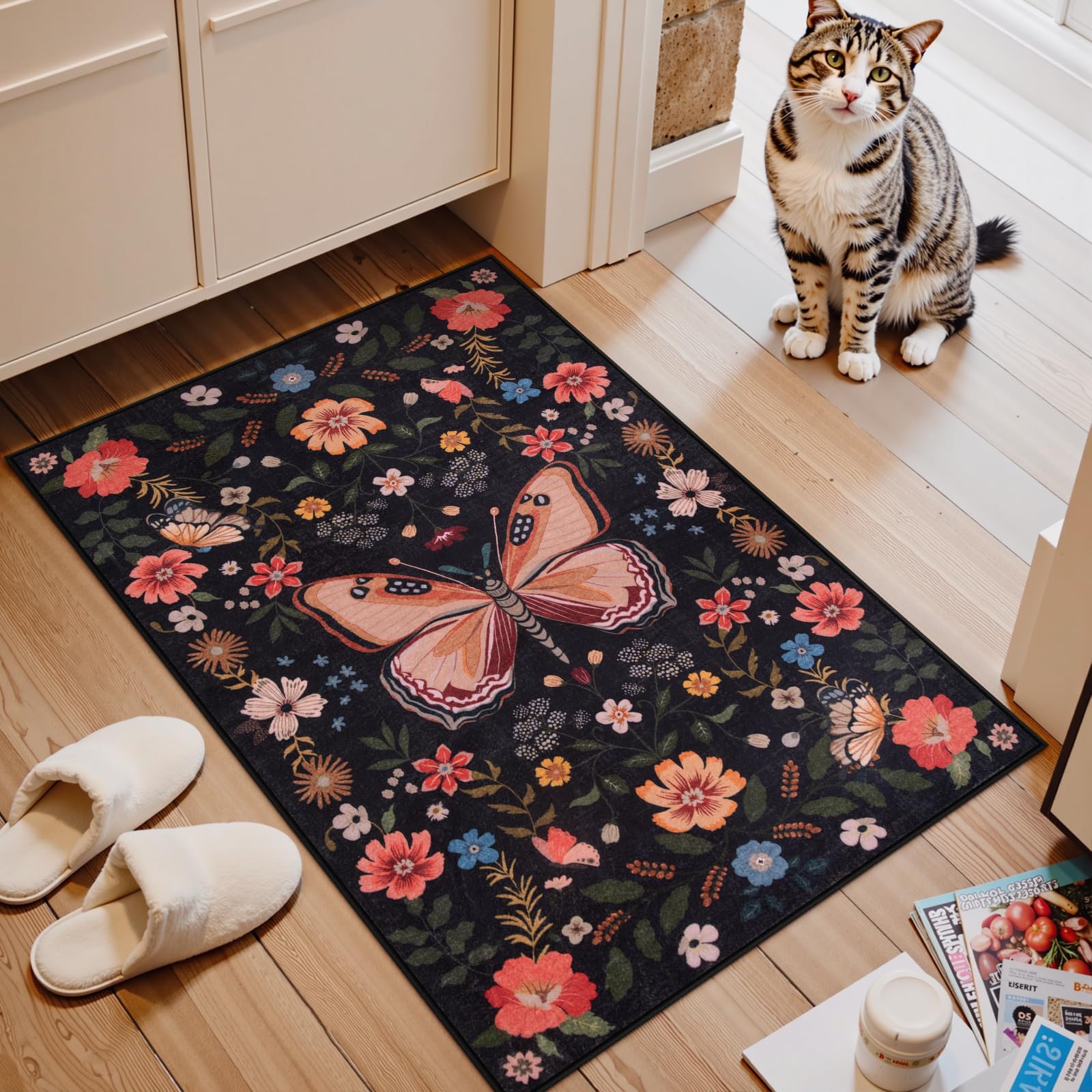 Lahome Black Floral 2x3 Rugs for Entryway,Boho Butterfly Washable Kitchen Rugs Ultra Thin Indoor Door Mat Entrance, Stain Resistant Small Non Slip Throw Carpet for Bedroom Bathroom Black 2'