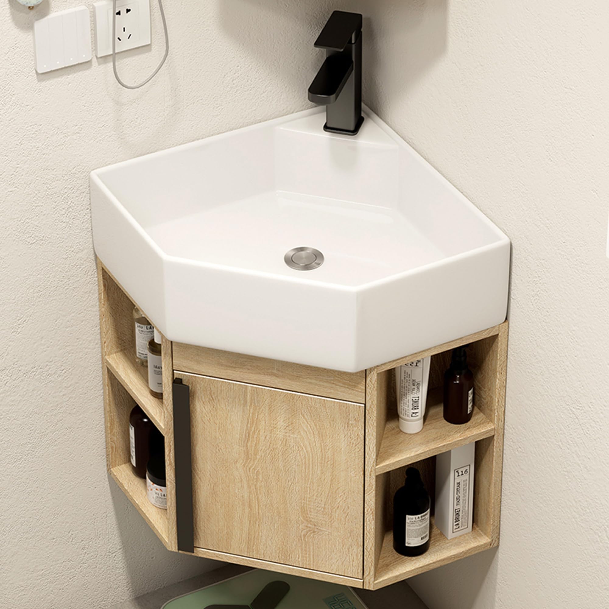 Conjunto Mueble de Baño con Lavabo Suspendido Lavabos Pequeños con Mueble Lavabo de Esquina Incluye Lavabo Cerámico Grifo para Espacios Pequeños(45cm/17.71in)