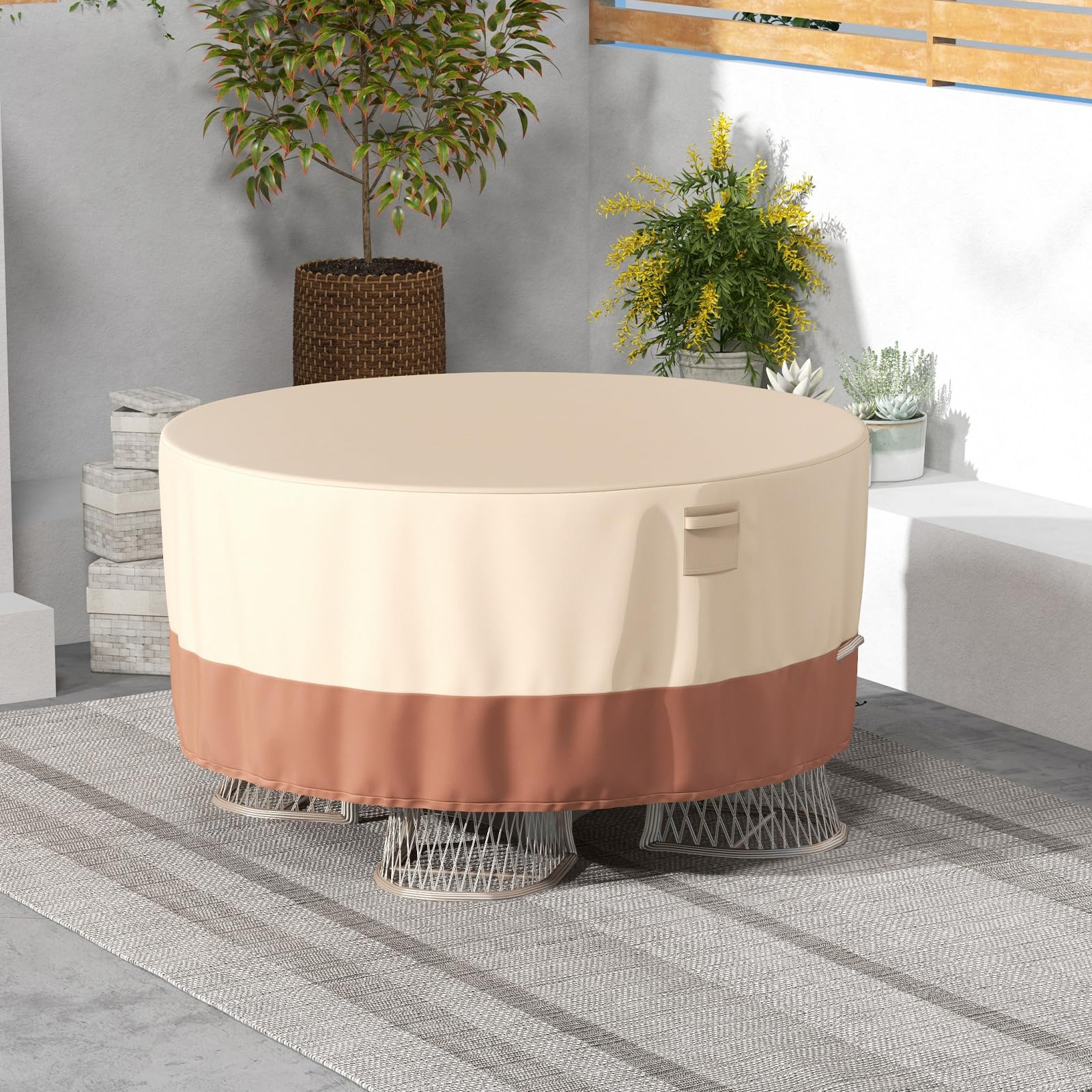 Copertura Per Tavolo Rotondo Da Giardino 183 Cm - Impermeabile, Con Ventilazione E Fibbie, Tessuto PU (M, Beige) - Foto 6