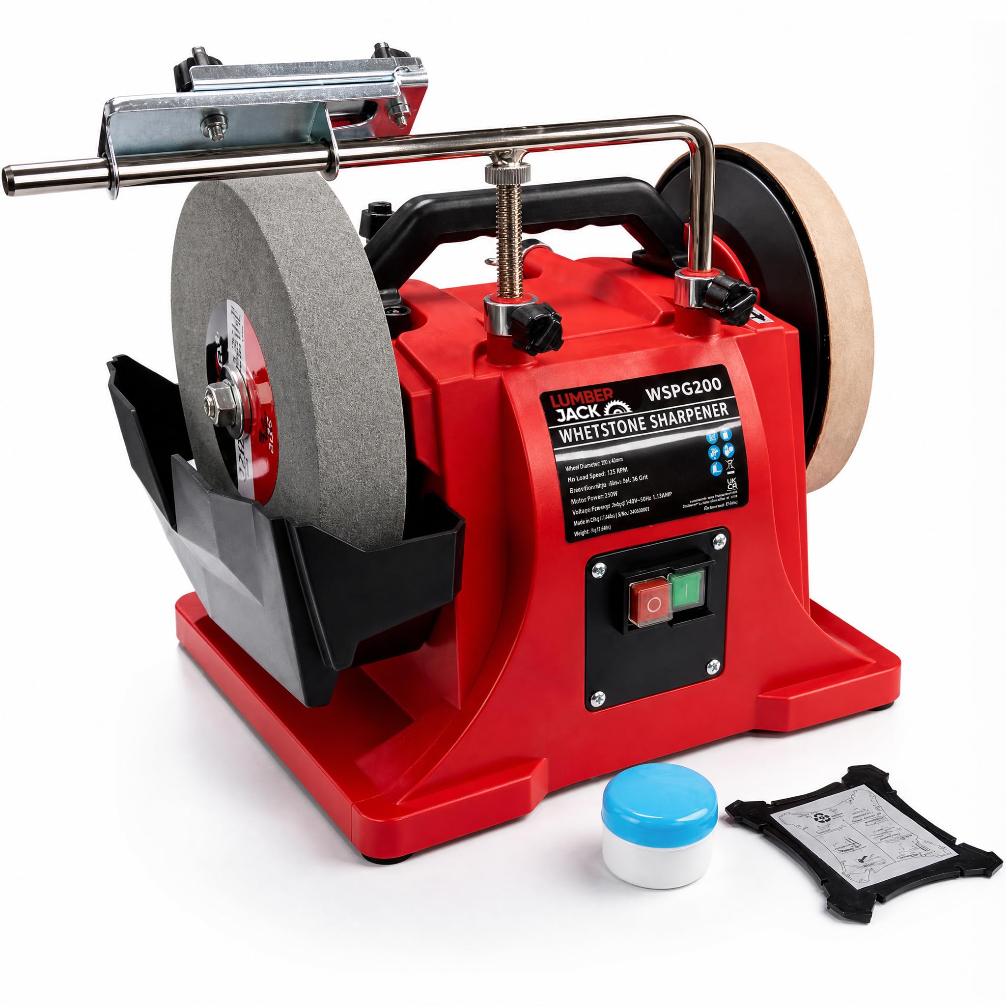 LUMBER JACK Whetstone Wet Stone Sharpener System 200mm with Leather Honing Wheel, Electric Grinding & Polishing Tool 180W