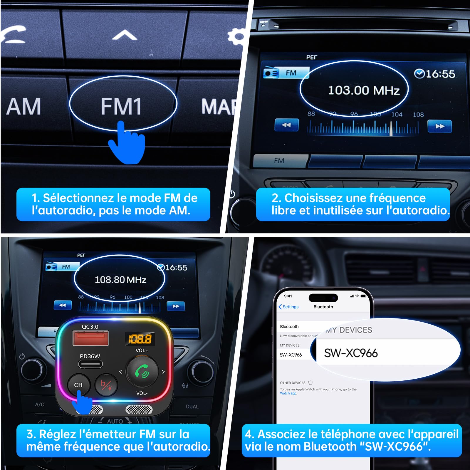Syncwire Transmetteurs FM Bluetooth 5.4-54W PD&QC3.0 Chargeur de Voiture USB C [Charge Rapide] [Micros Doubles & Son Graves HiFi] [Interrupteur Lumineux] Récepteur Radio Appel en Mains-Libres