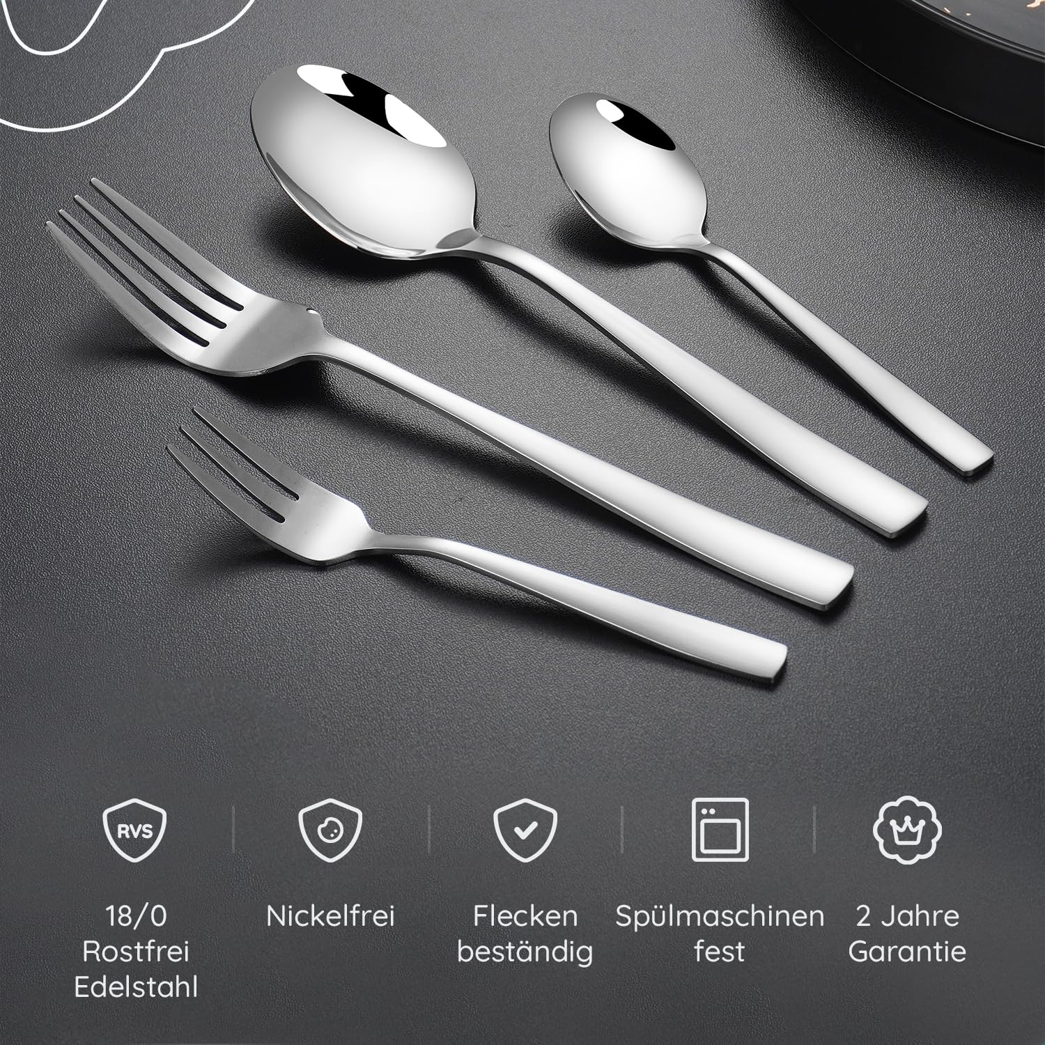 Besteckset 12 Personen, 72-teilig, Edelstahl 18/0 Silber, spülmaschinenfest und rostfrei, Tafelbesteck mit Messer Gabel Löffel Steakmesser und Kuchengabeln, Essbesteck Set für Haushalt und Gäste