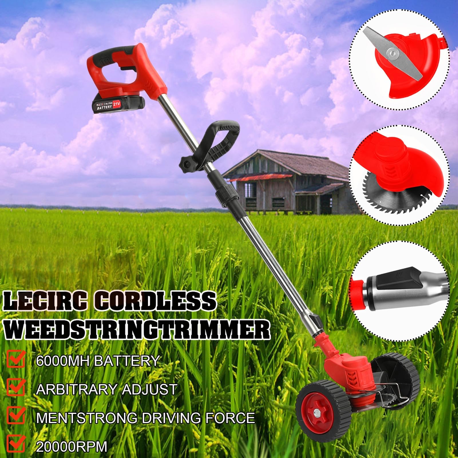 Tondeuse à Gazon électrique sans Fil 21 V, 800 W, sans balais, avec 2 Piles, Poteau télescopique, tête réglable pour Jardin, Cour, Coupe d'herbe, Coupe de Branches Rouge