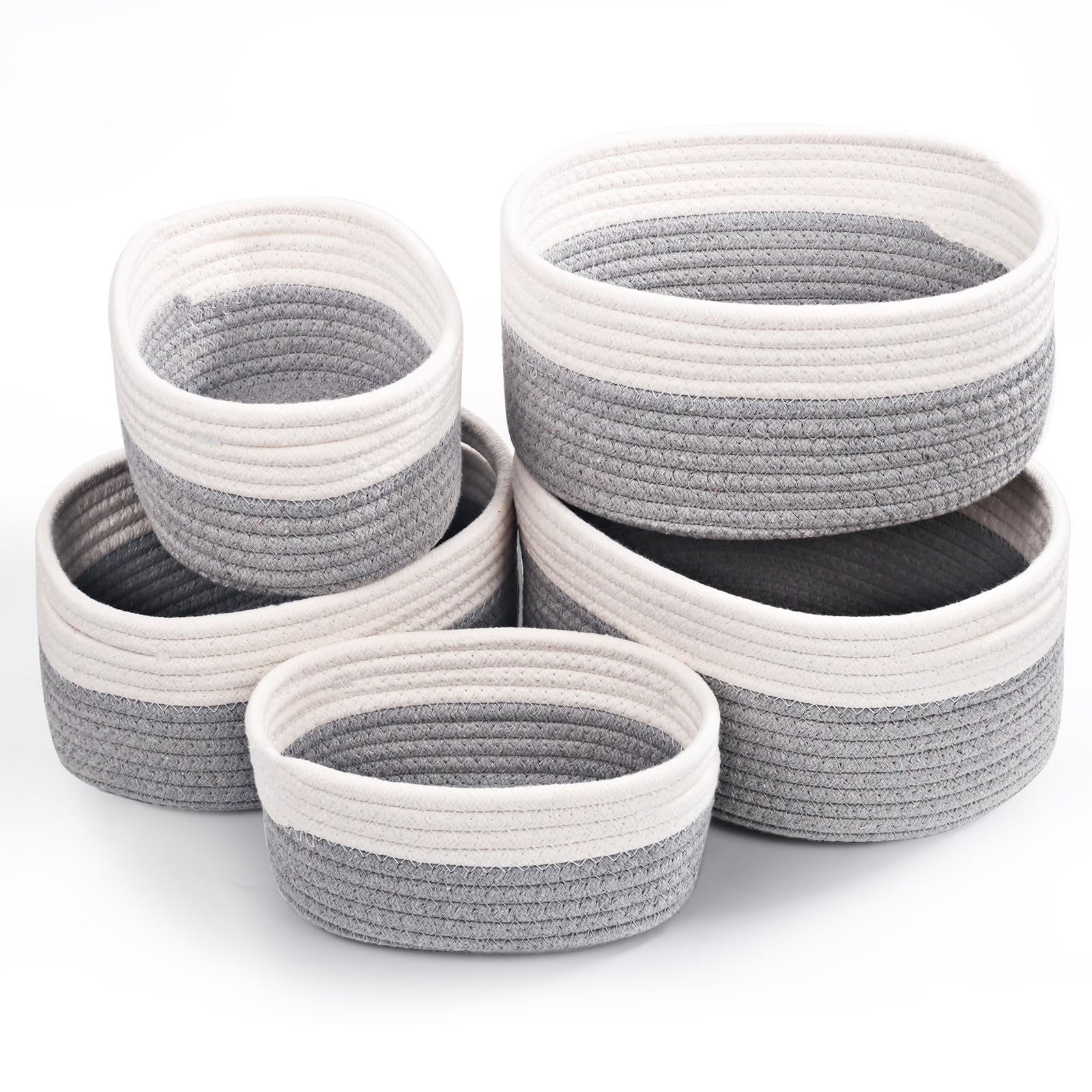 Set di 5 Cestini Portaoggetti,Piccoli Cestini in Cotone Intrecciato per Camera, Bagno e Mensole,Corda di Cotone per Bambini Bambina,Impilabile Organizer Fasciatoio