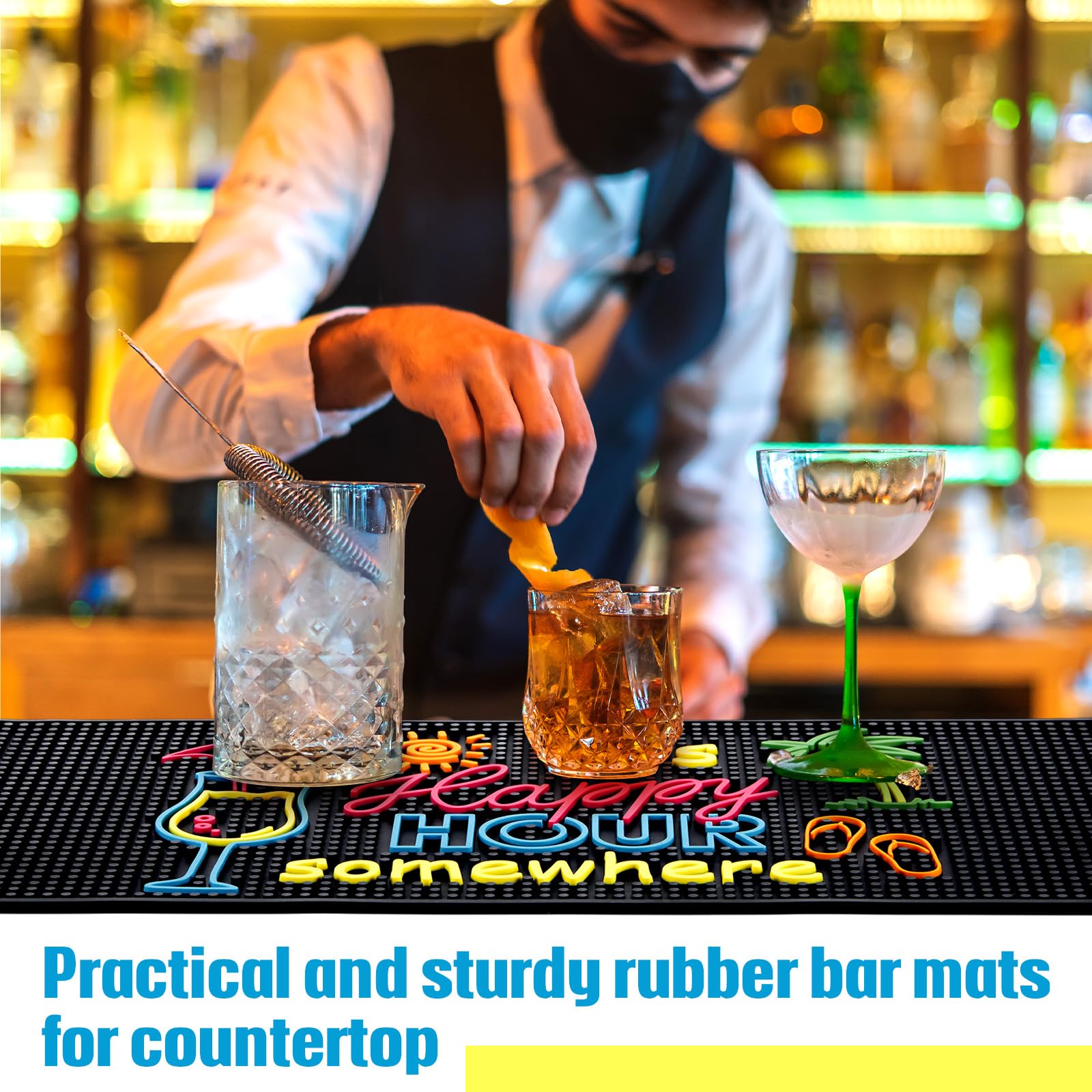 Jingmore Tappetino da bar in gomma per barista da bar, per piano di lavoro, antiscivolo, anti-fuoriuscite, per accessori da cocktail per la casa (61 x 30 cm, Happy Hour da qualche parte)