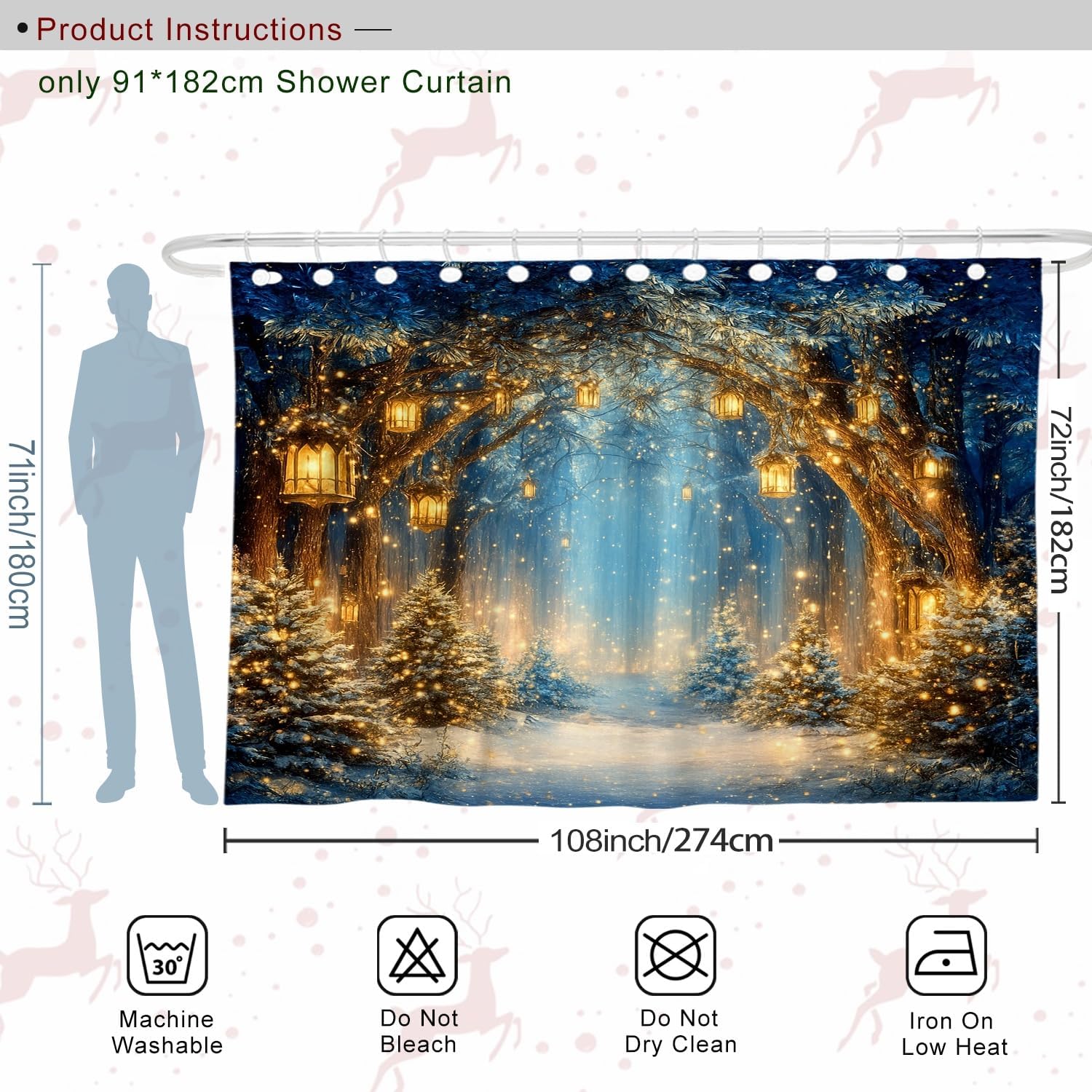 Trees Extra Wide Shower Curtain, Winter Scenic Lanterns Snow Winter Blue Waterproof Fabric Toile Cloth Shower Curtains for Bathroom Bathtub Apartment Decor 108x72 Inch