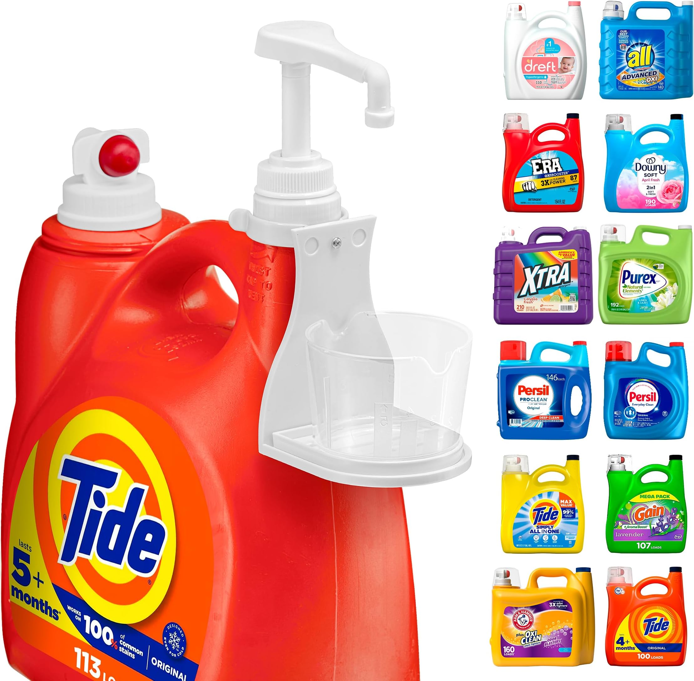 Convenient Laundry Detergent Bottle Pump Dispenser with Cup Holder and Drip Tray, Made to Fit Tide, Arm & Hammer, Gain, All.