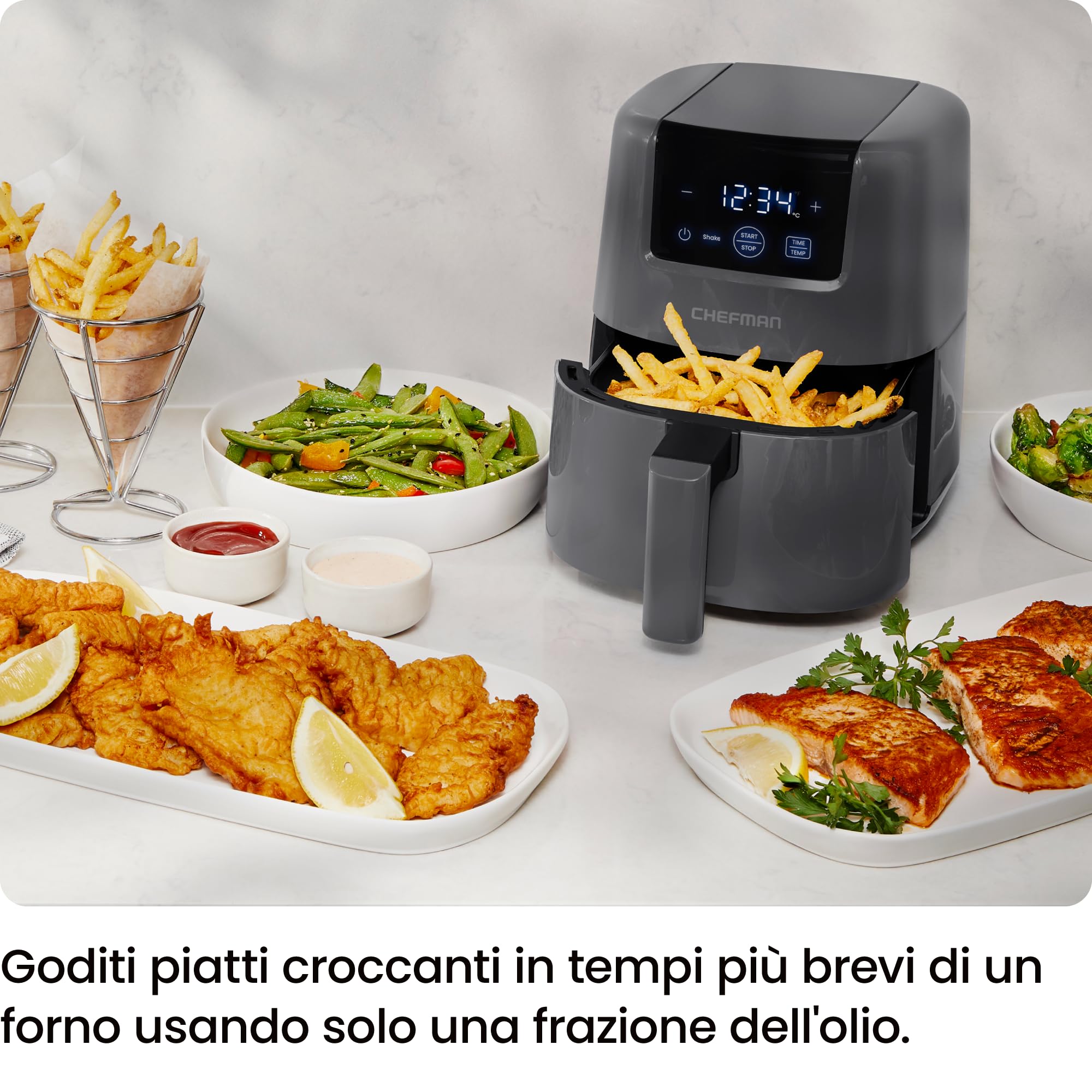 Chefman Mini Friggitrice ad Aria 2L Digitale, Cestino Antiaderente | Compatta, lavabile in lavastoviglie, frittura ad aria, Grigio