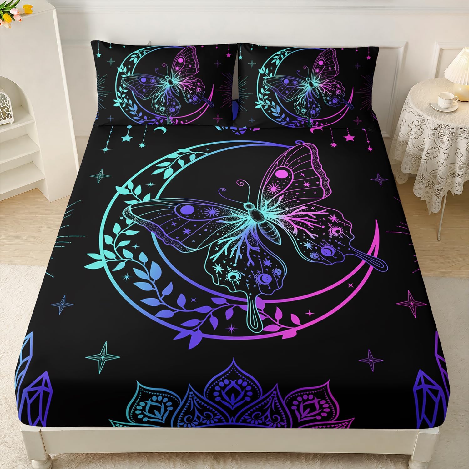 HOSIMA Butterfly Fitted Sheet 3Piece with 2 Pillowcases,Boho Mandala Butterfly Aesthetics Room Decor,Black Twin Bedding Sets Modern Soft Microfiber Bed Sheet with 15-Inch Deep Pockets.