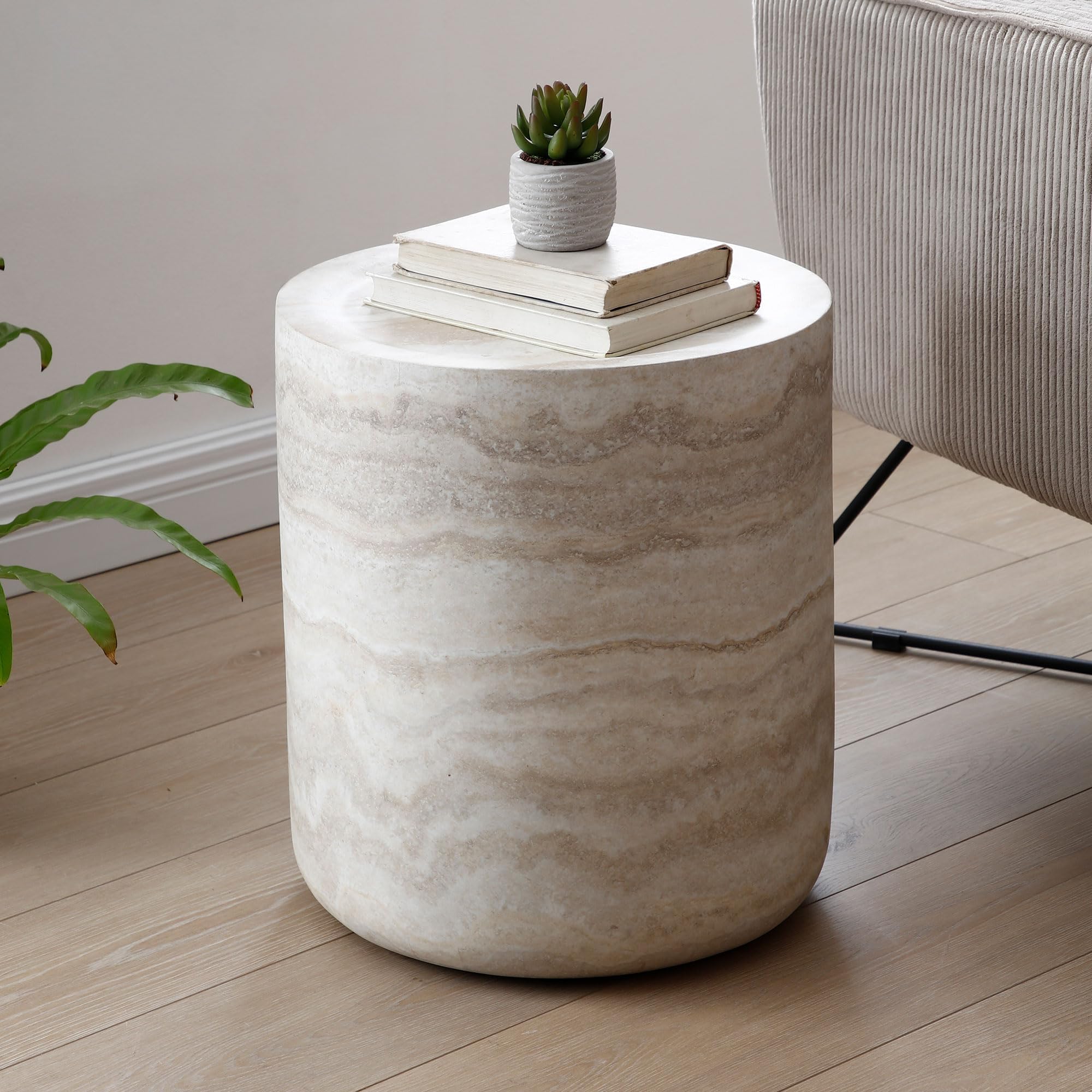 kevinplus Round Side Table Faux Stone End Table for Living Room, Modern Contemporary Style, Fiberglass Material, No Assembly (Mars Texture, ø15.74'' x 17.7'')