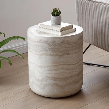 WILLIAMSPACE 15.74" Round End Table with Mars Pattern for Living Room, Modern Drum Circle Faux Marble Side Table, Fiberglass Stone Sofa Table for Apartment, No Need Assembly Mars Pattern