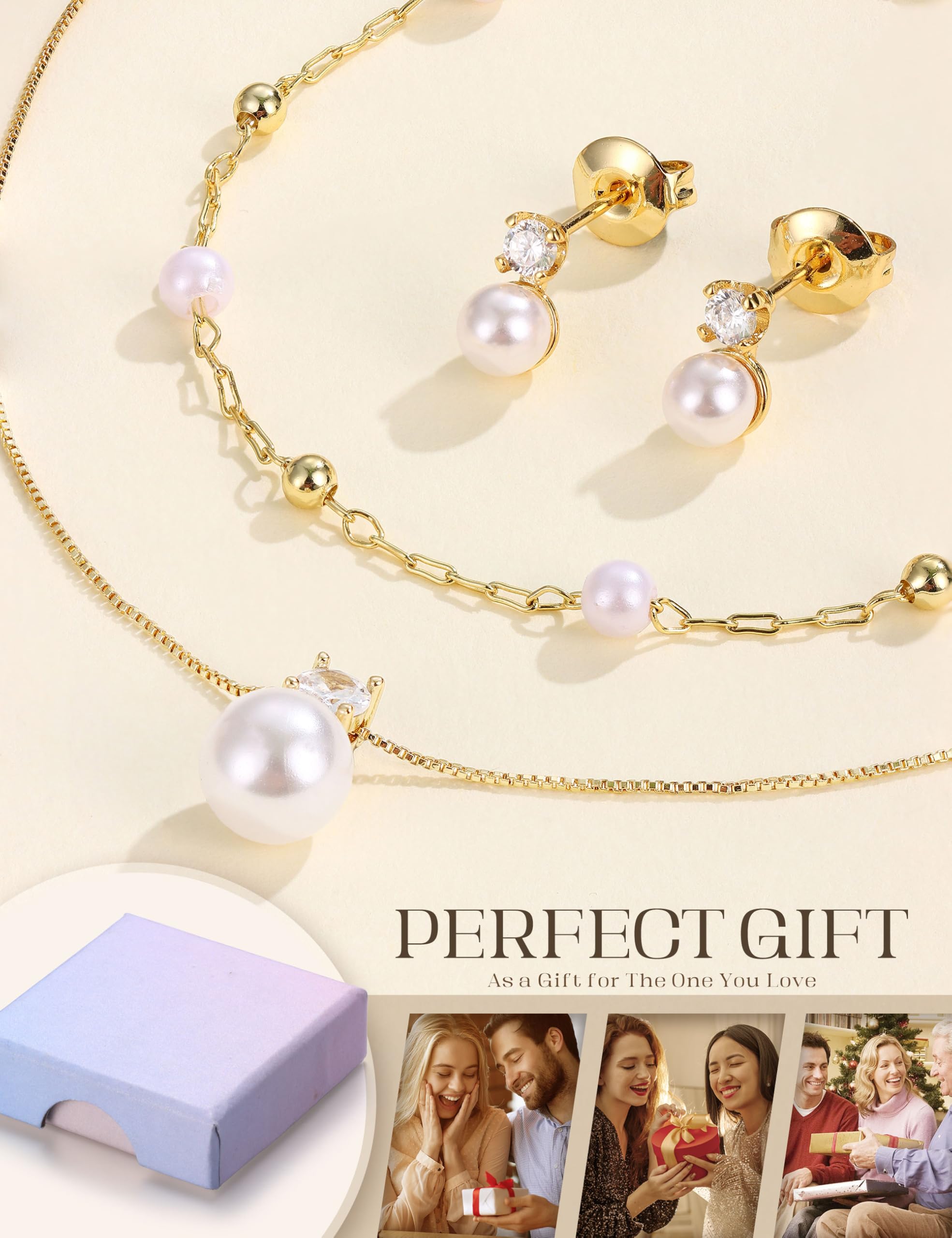 Krfy Schmuck Set Damen Gold Silber Schmuckset Edelstahl Perlen Halskette Armbänder Ohrringe Silberschmuck Kubik Zirkonia Bogen Damenkette Armband Ohrstecker Perlenkette Schmuck Damen