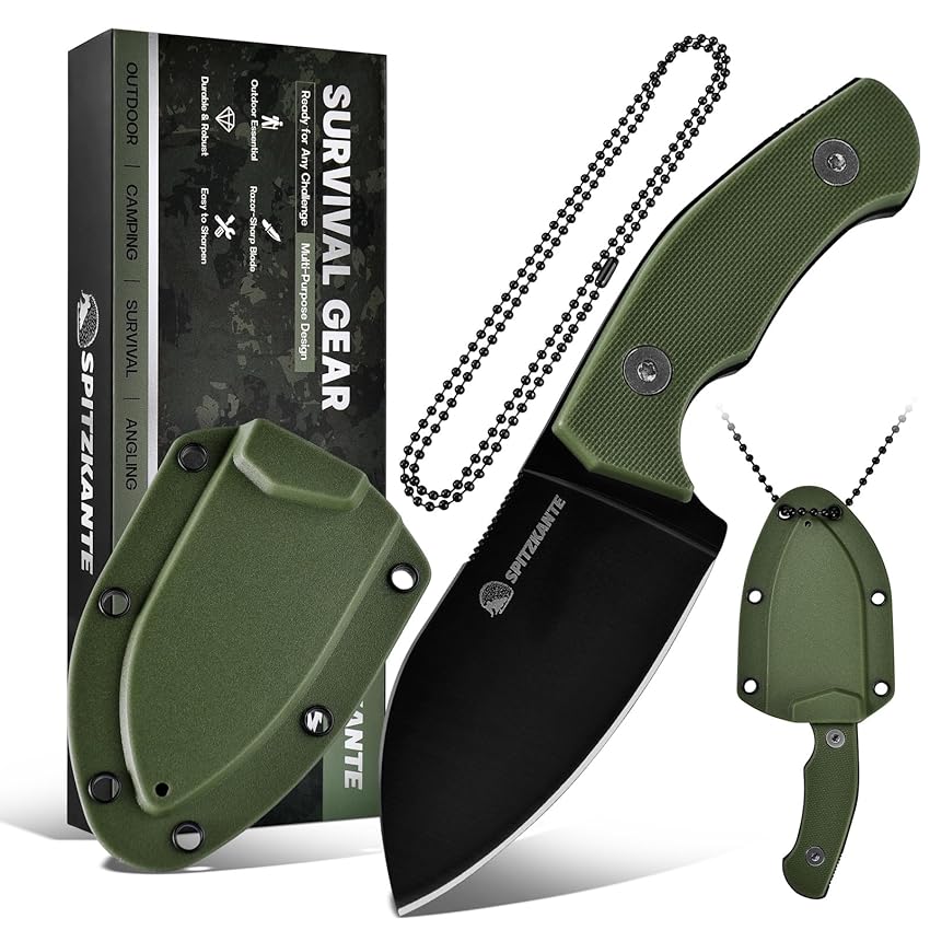 SPITZKANTE Touch Neck Knife PA-D, realizzato in acciaio Tang 5Cr14Mov, mini lama fissa, lunghezza lama 7,1 cm, con catena a sfera ABS