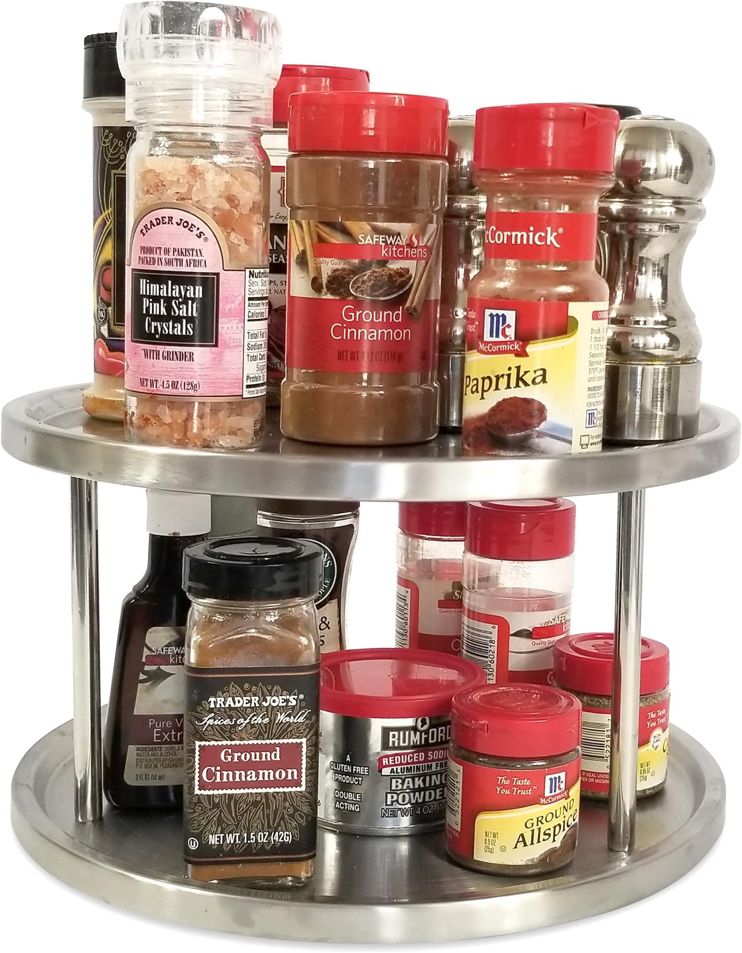 Lazy Susan 10 inch Two Tier Turntable Spice Rack Cabinet Organizer also for Appetizer Tray, Art Supply Caddy, Cosmetics Storage Sturdy Stainless Steel Ball Bearing motion by Kitchen Magic