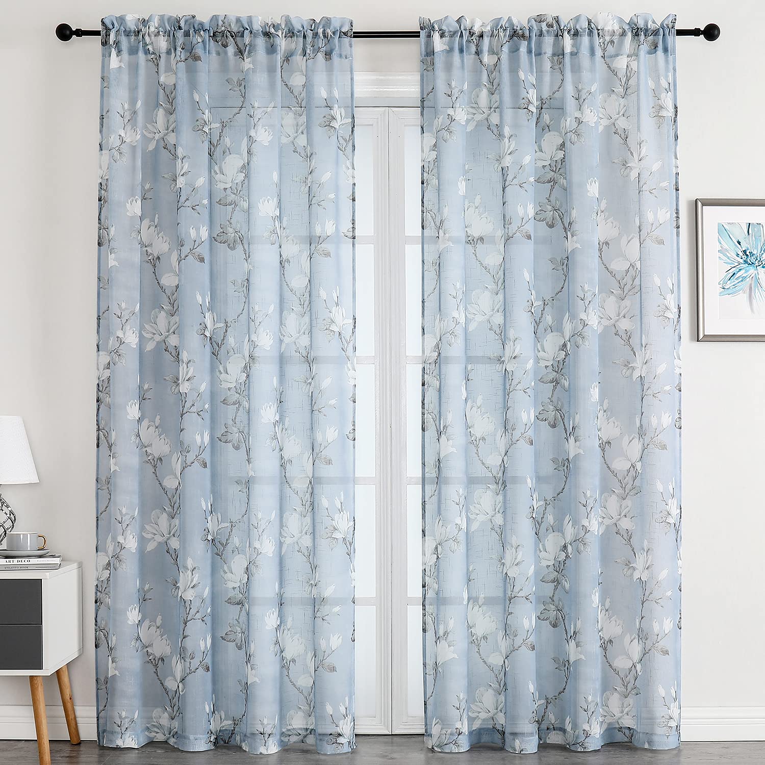 SMILE WEAVER Sheer Curtains 54 inches Length for Living Room 2 Panels,Blue Light Filtering Curtains,Floral Semi Sheer Curtain Voile Linen Textured Rod